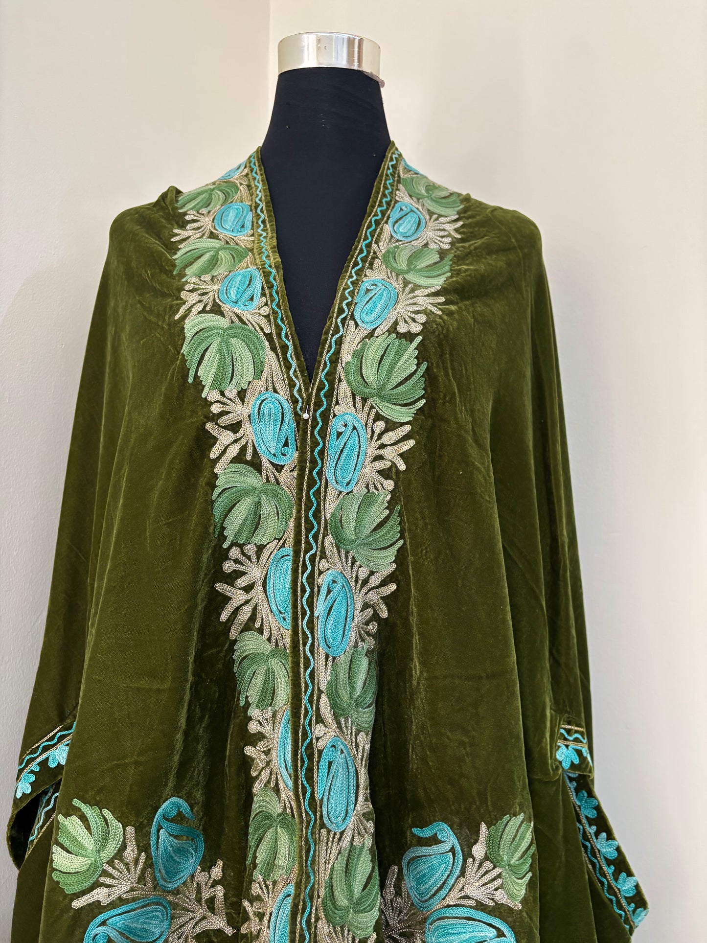 Henna Green Aari Embroidered Velvet Cape