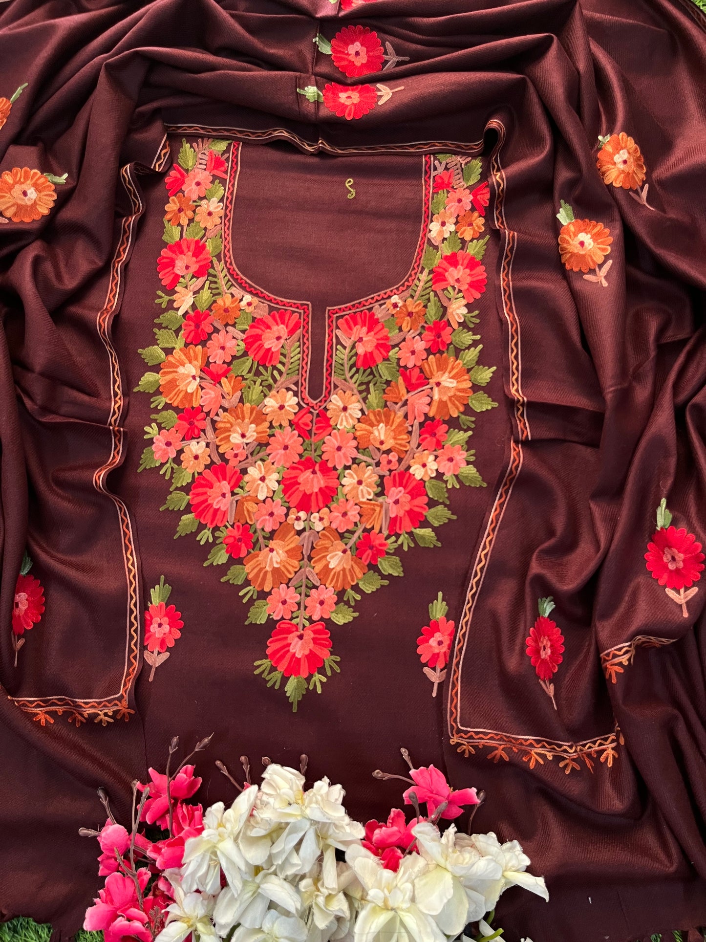 Brown Woollen Aari Embroidered 3pc suit