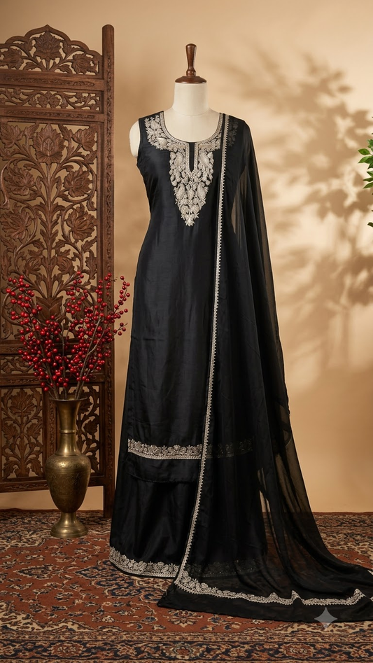 Black Silk Puff Tilla Embroidered Kashmiri Suit