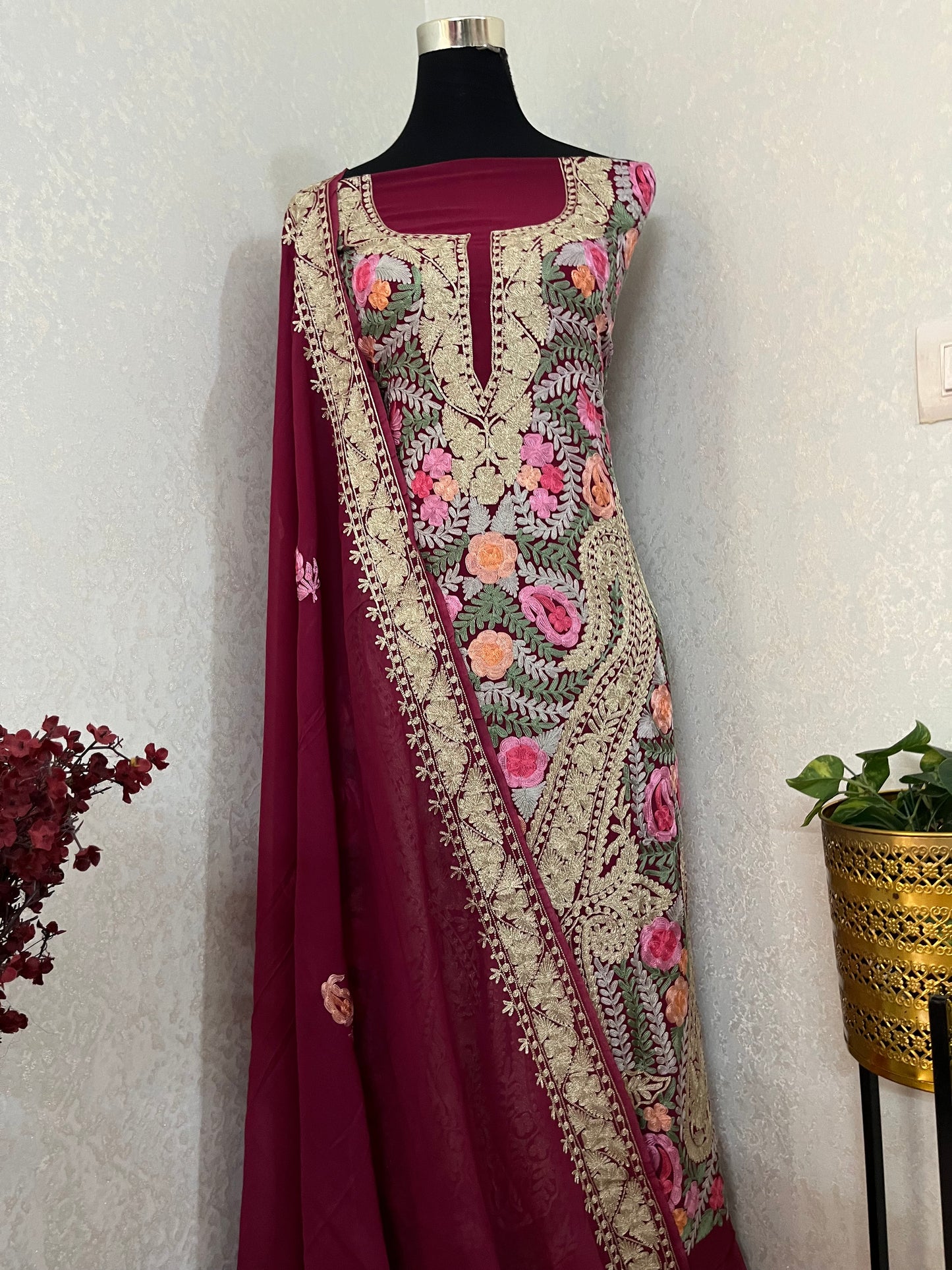Wine Georgette 3 Pc Aari Embroidered Suit