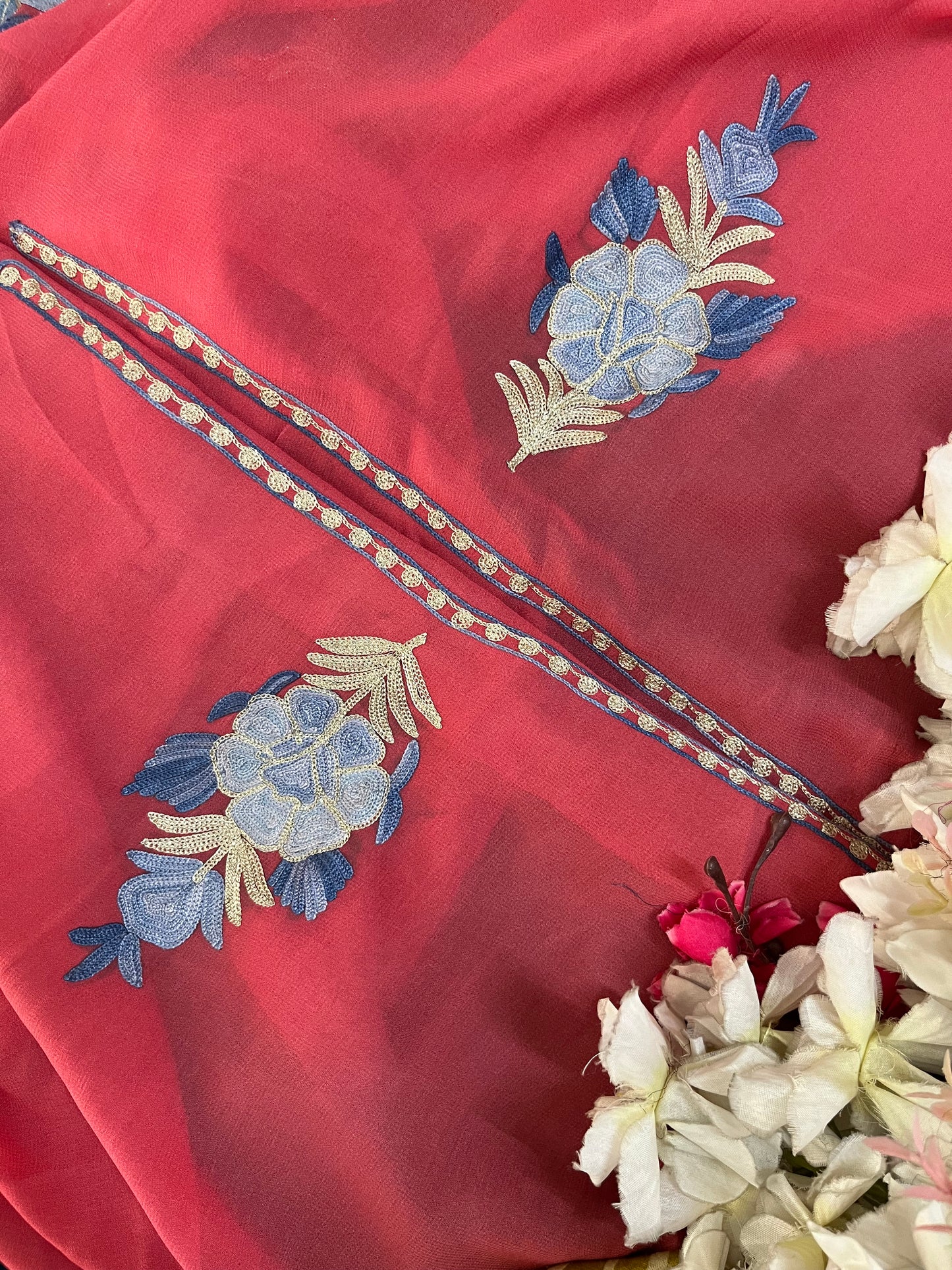 Carrot Pink Pure Georgette Double Shade Kashmiri Suit