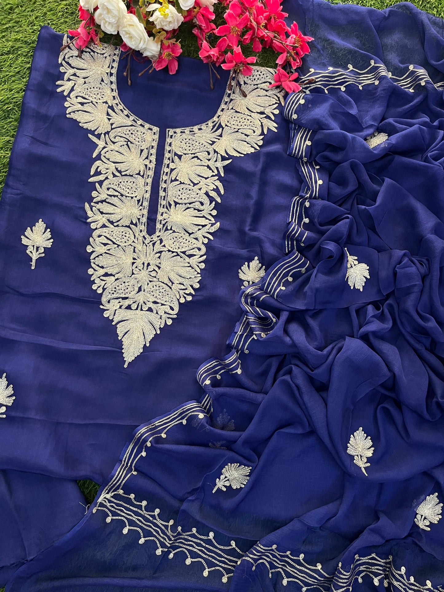 Blue Silk Tilla Kashmiri Suit