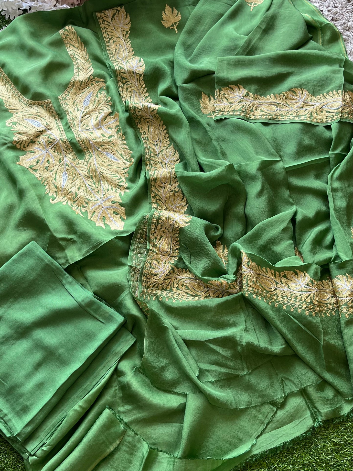 ‘Kalaa’ Lawn Green Opada Silk Tilla Embroidered Suit material (on Order)