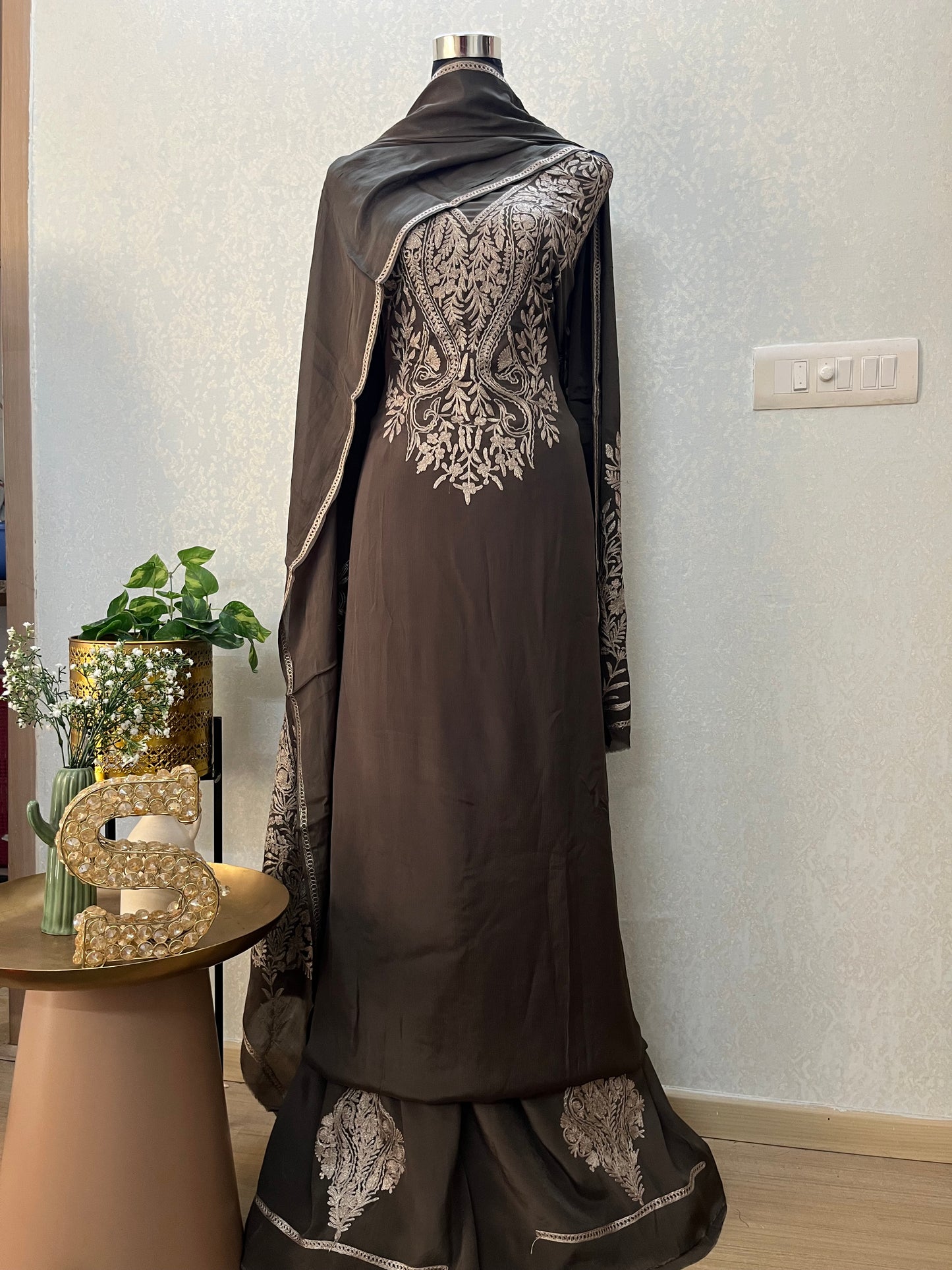 Luxury Pure Chinon Oxidised Tilla Embroidered Kashmiri Suit