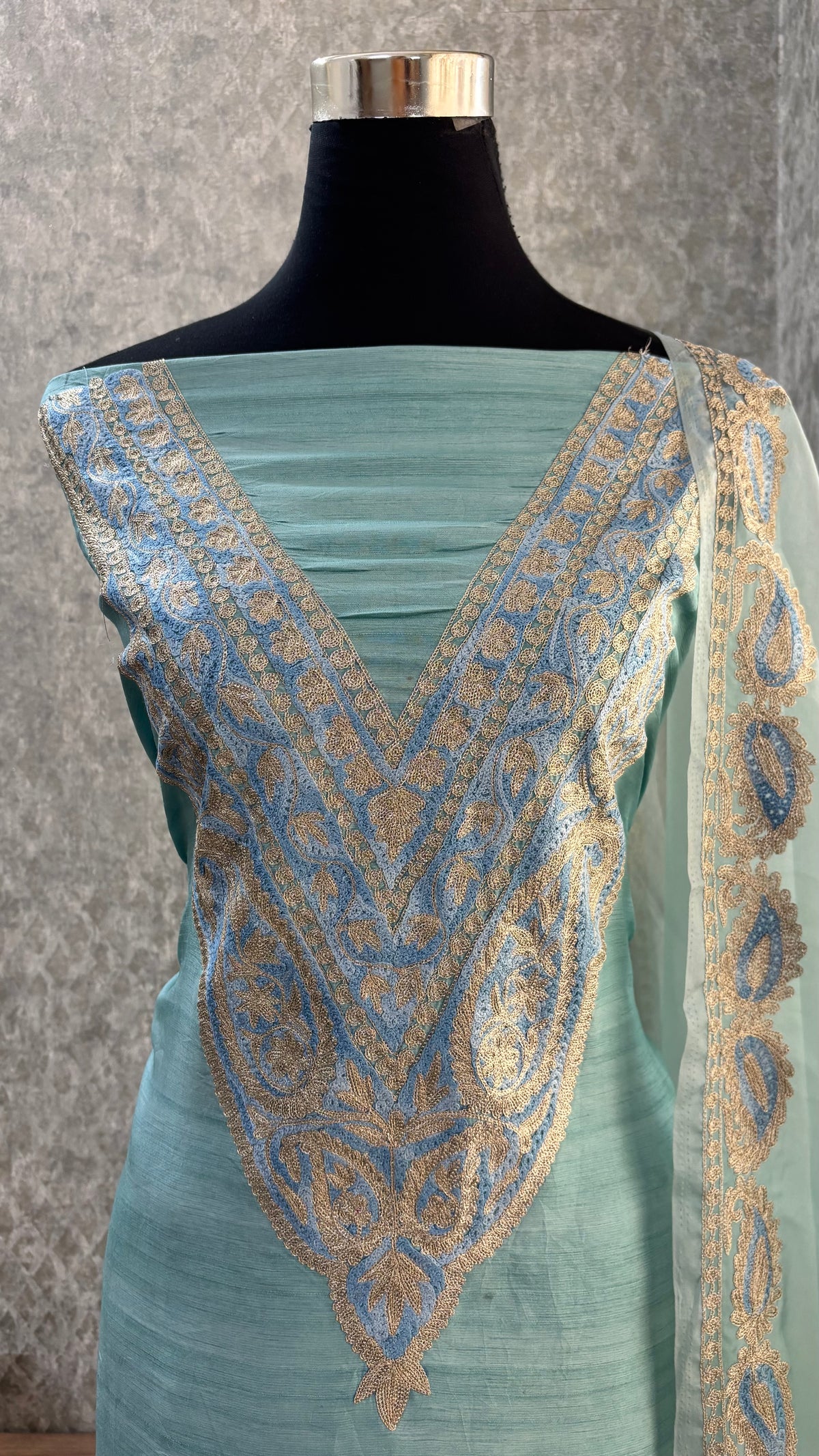 Baby Blue Russian Silk Kashmiri Suit