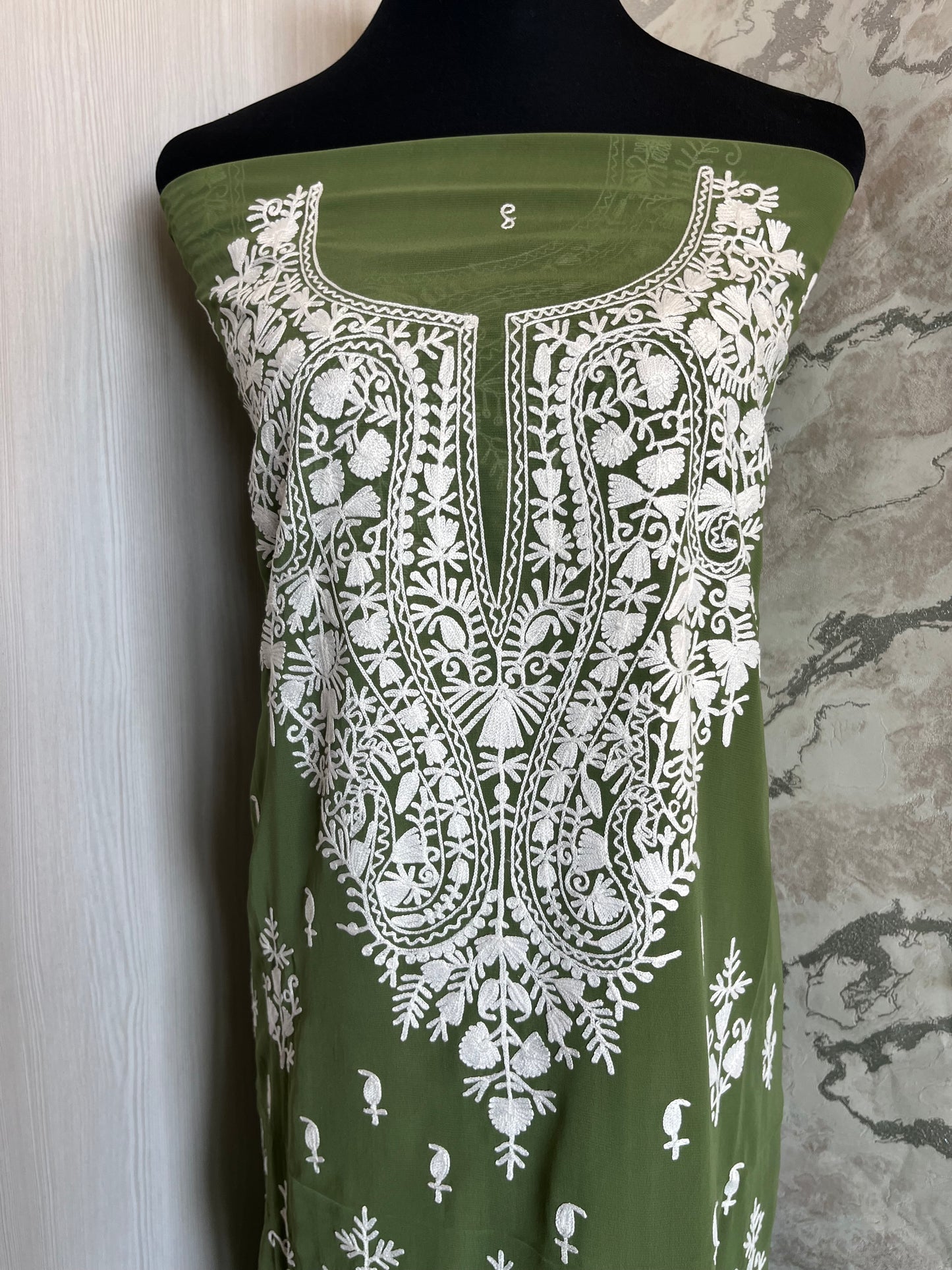 Georgette Pastel Green All over Work Aari Embroidered Unstitched Kurta Material