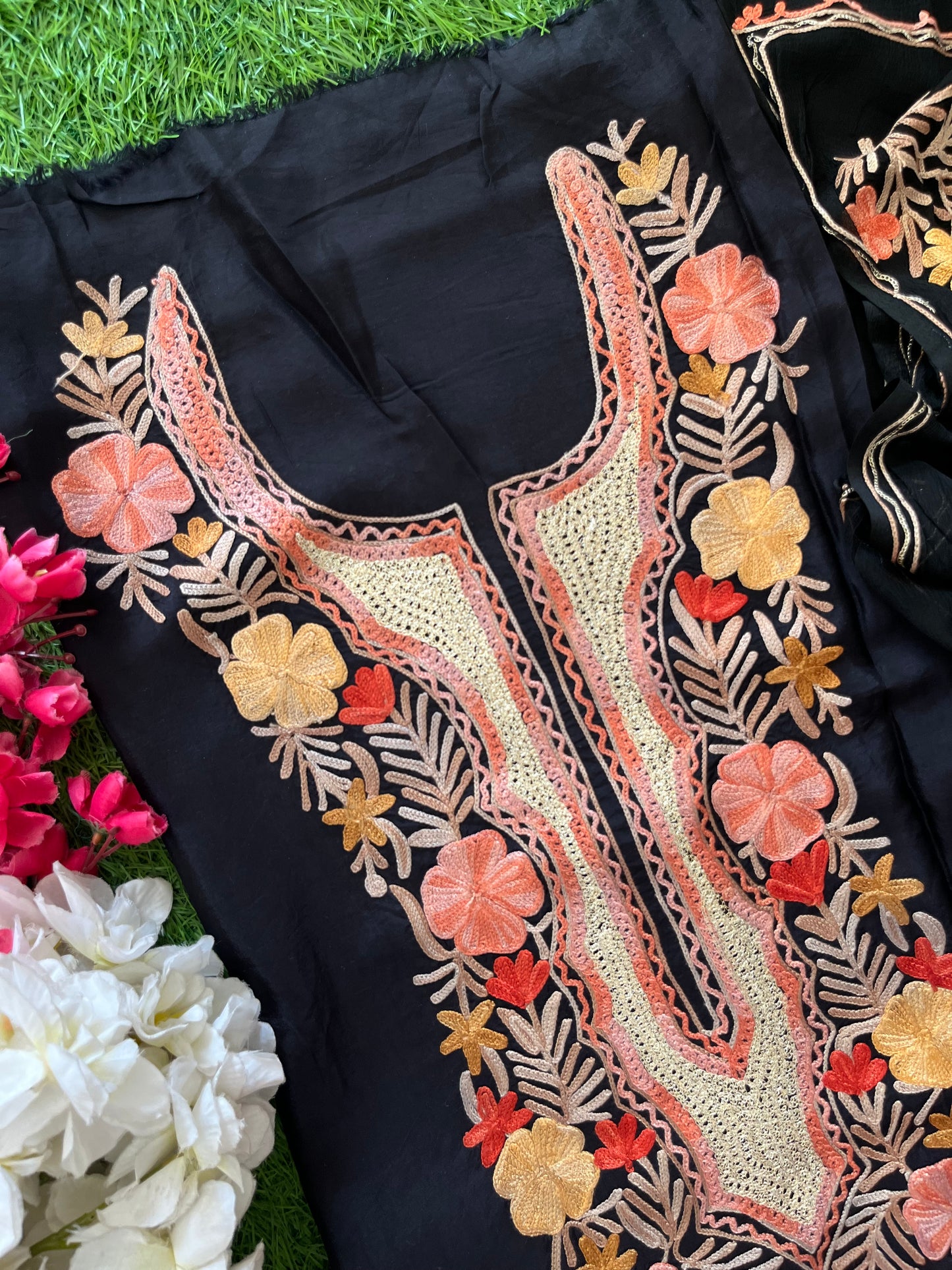 Black Opada Silk Aari Embroidered Suit material