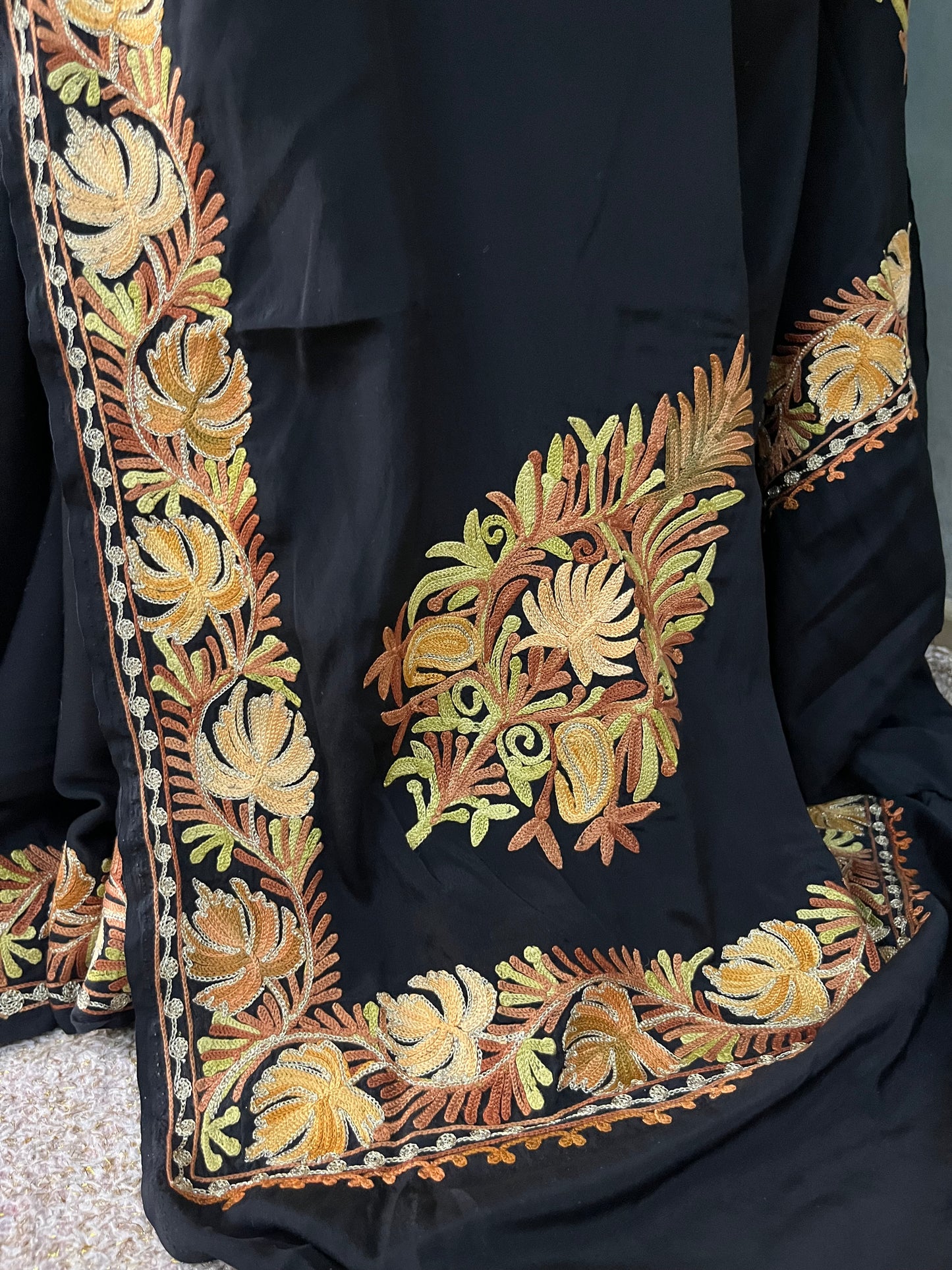 Black Crape Kashmiri Saree with Tilla Outline