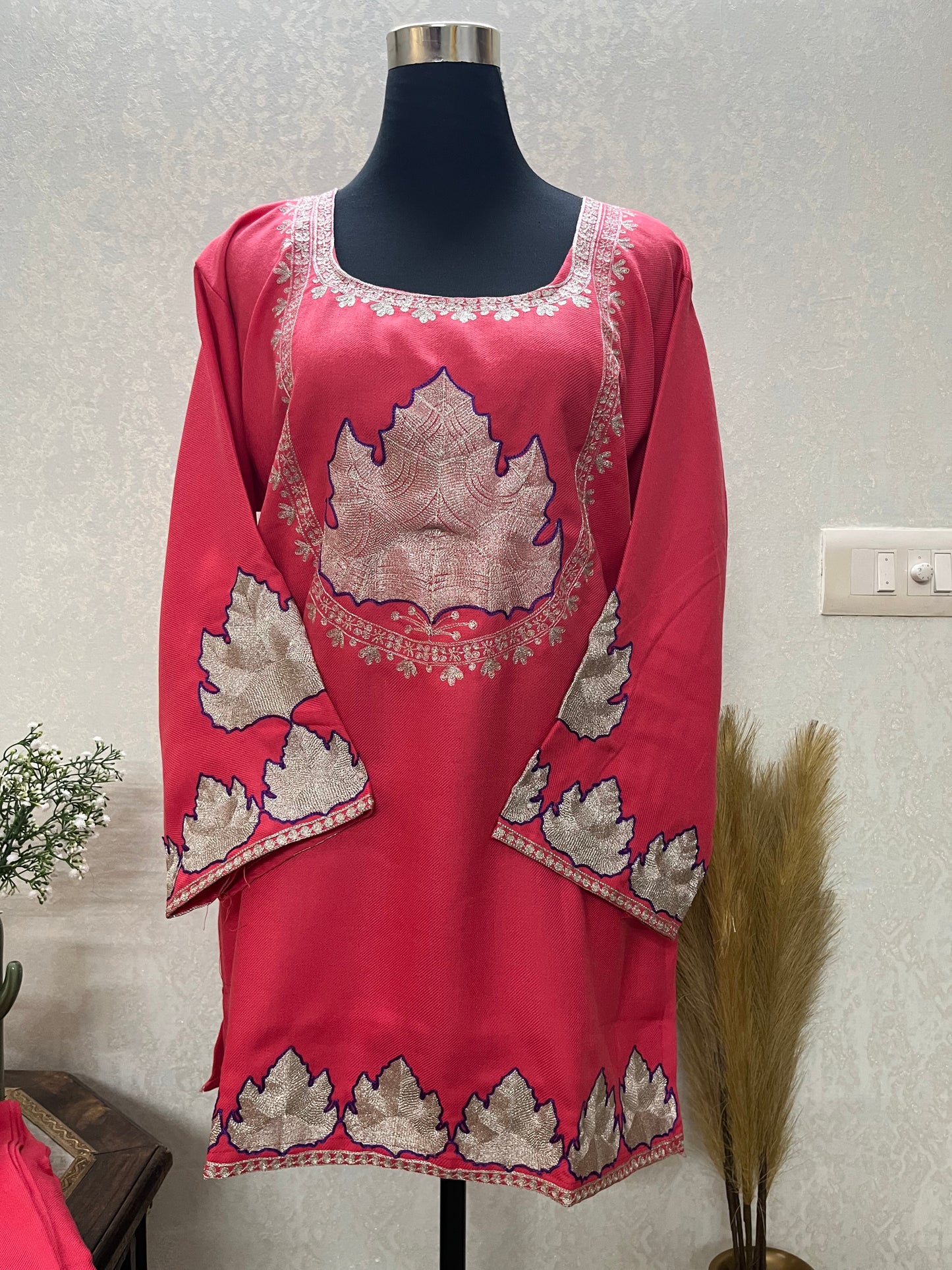 Carrot Pink Woollen Kashmiri Co-Ord Set ( Size 44)