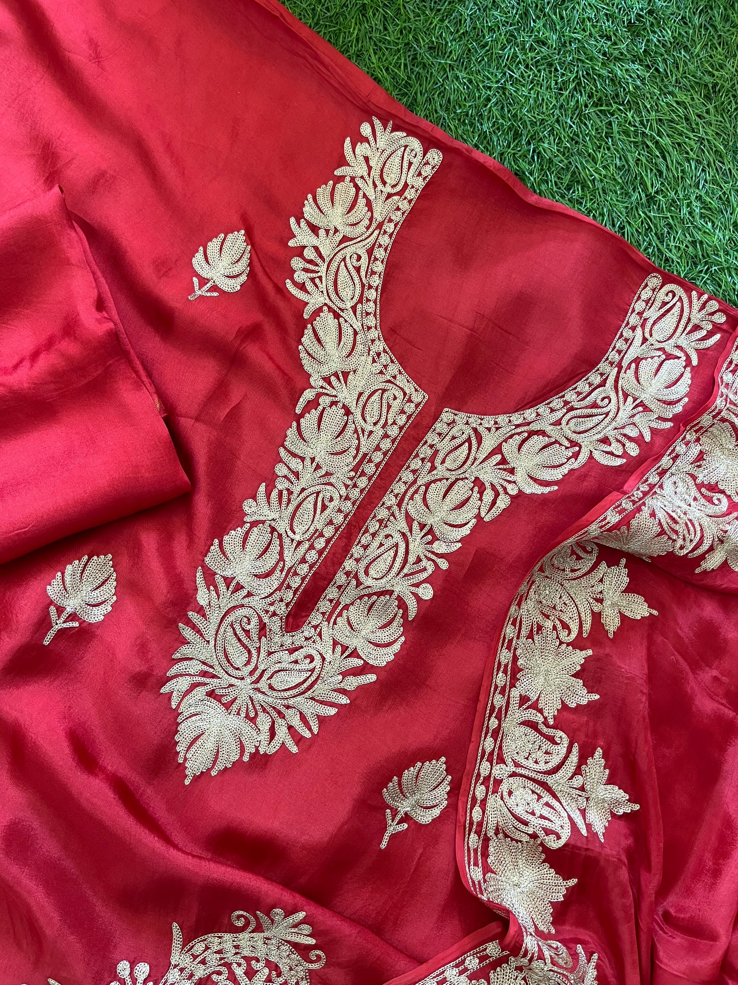 Red Silk Tilla Embroidered Suit material