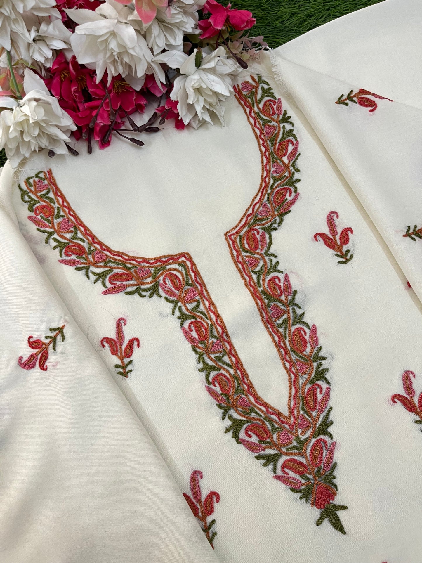 Off White Cotton Two Piece Suit (Hand Embroidered)