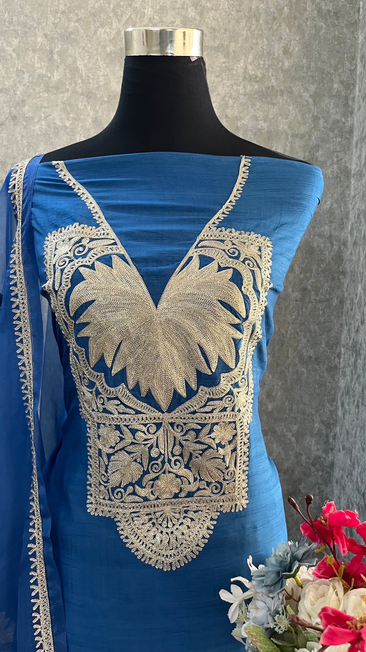 Indigo Silk Tilla Embroidered Suit