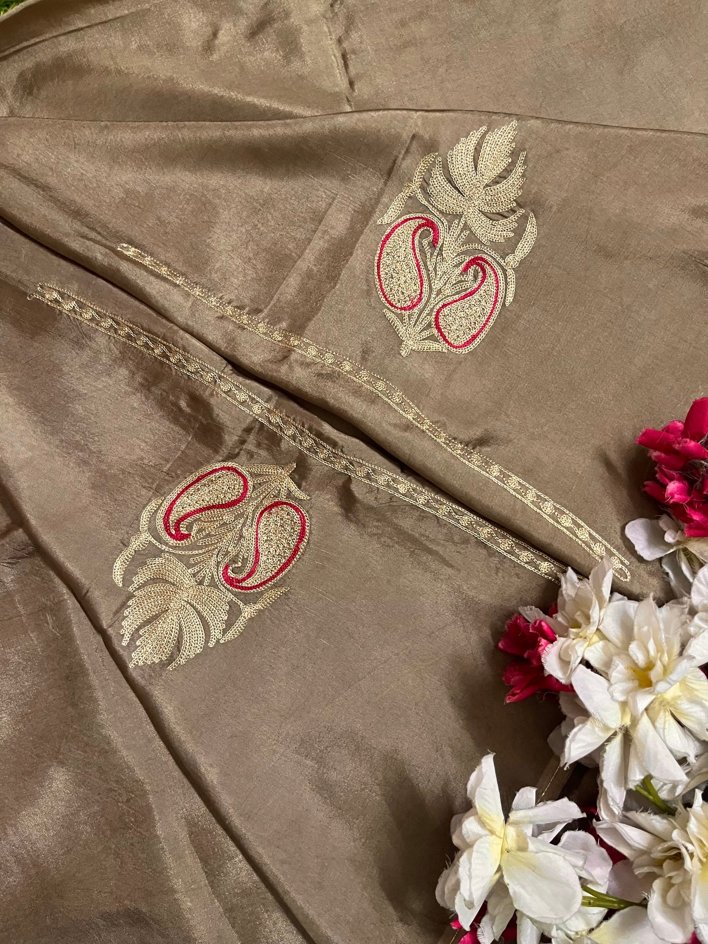 Golden Beige Silk Aari Tilla Fusion Suit