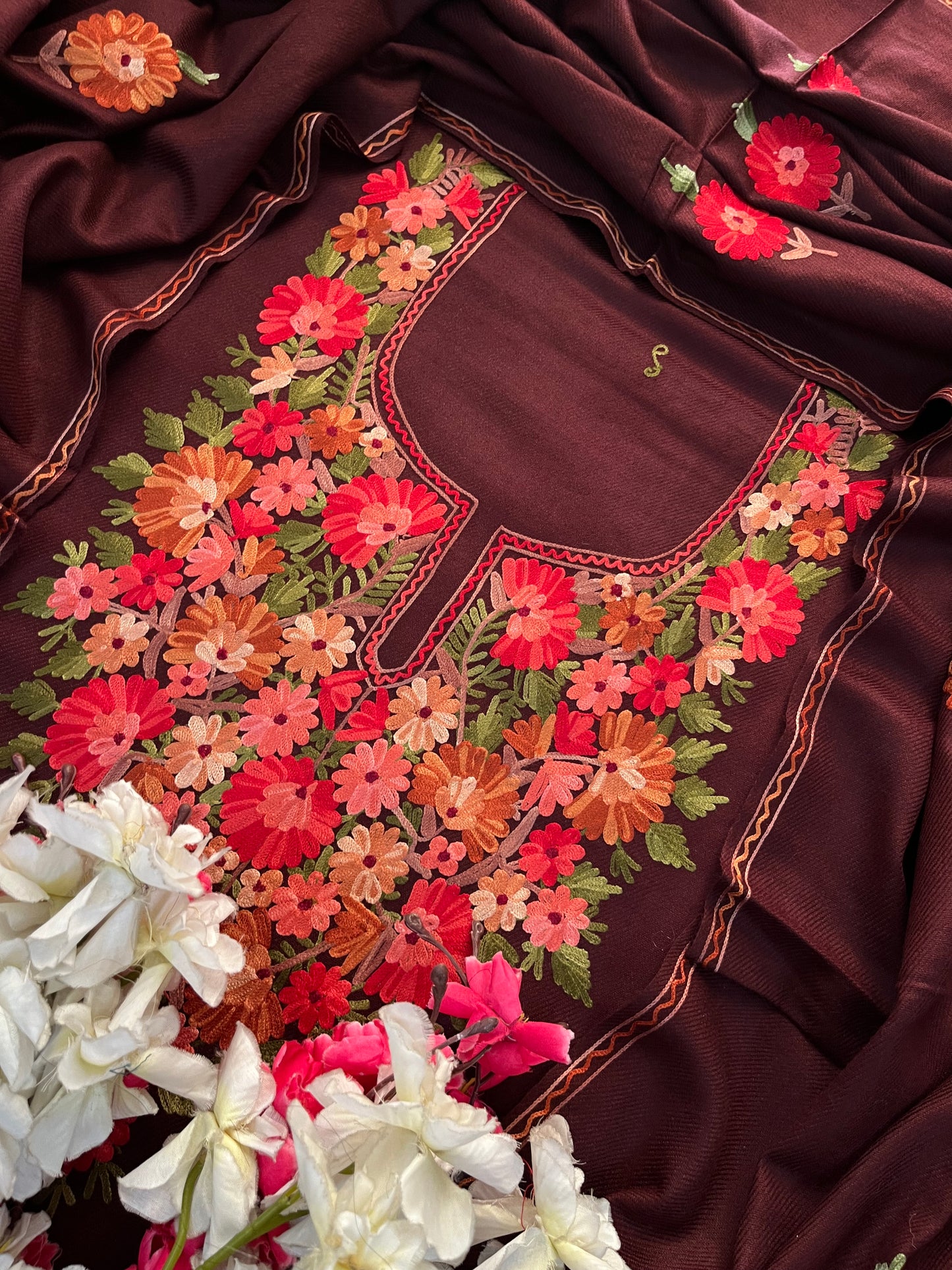 Brown Woollen Aari Embroidered 3pc suit