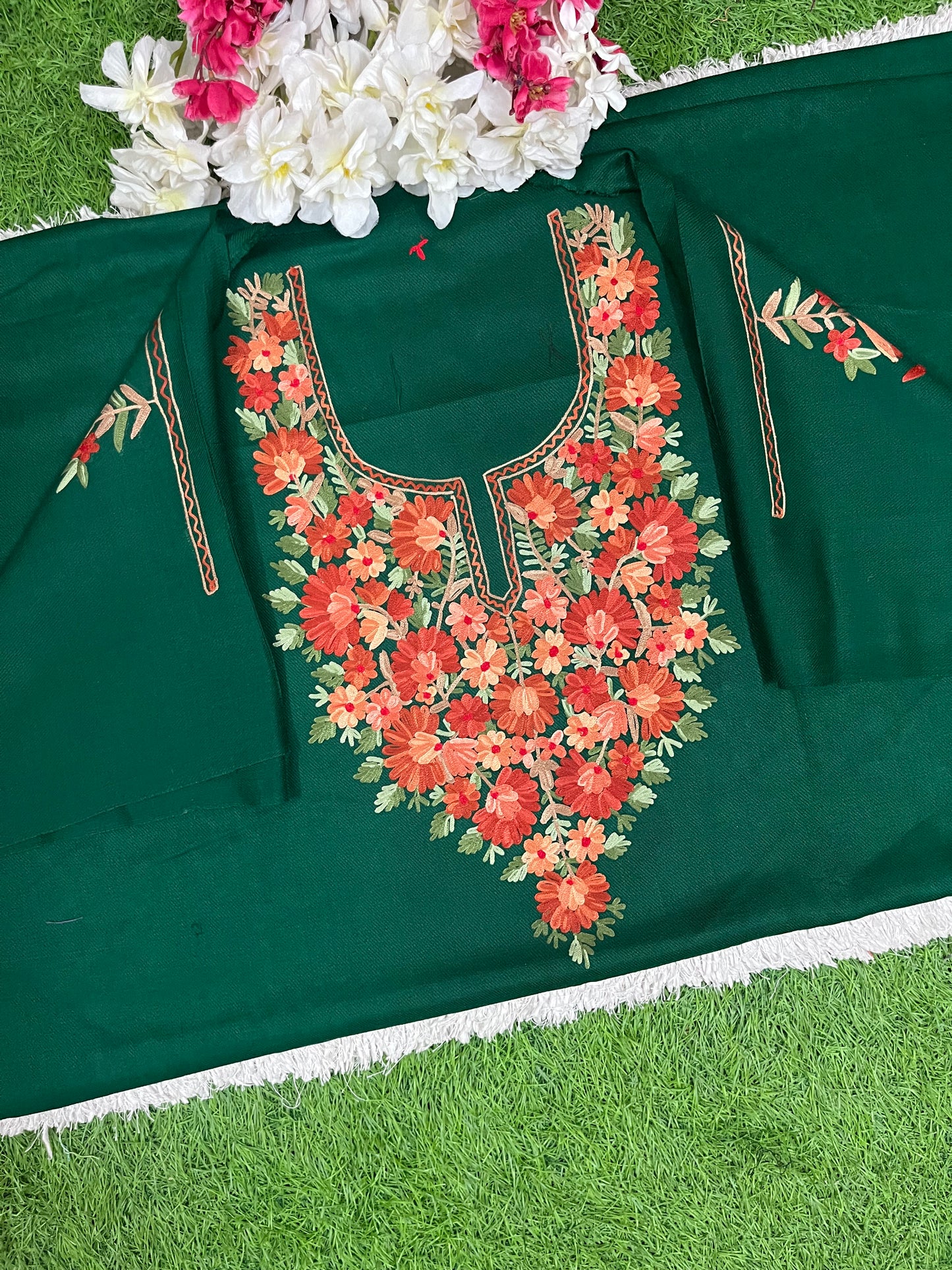 Bottle Green Woollen Aari Embroidered 2pc suit 5mtr