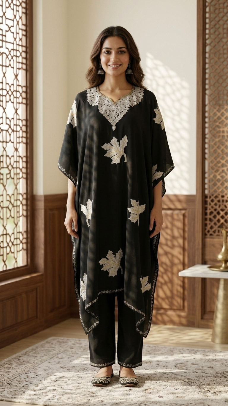 Black Crape Kashmiri Kaftan Set