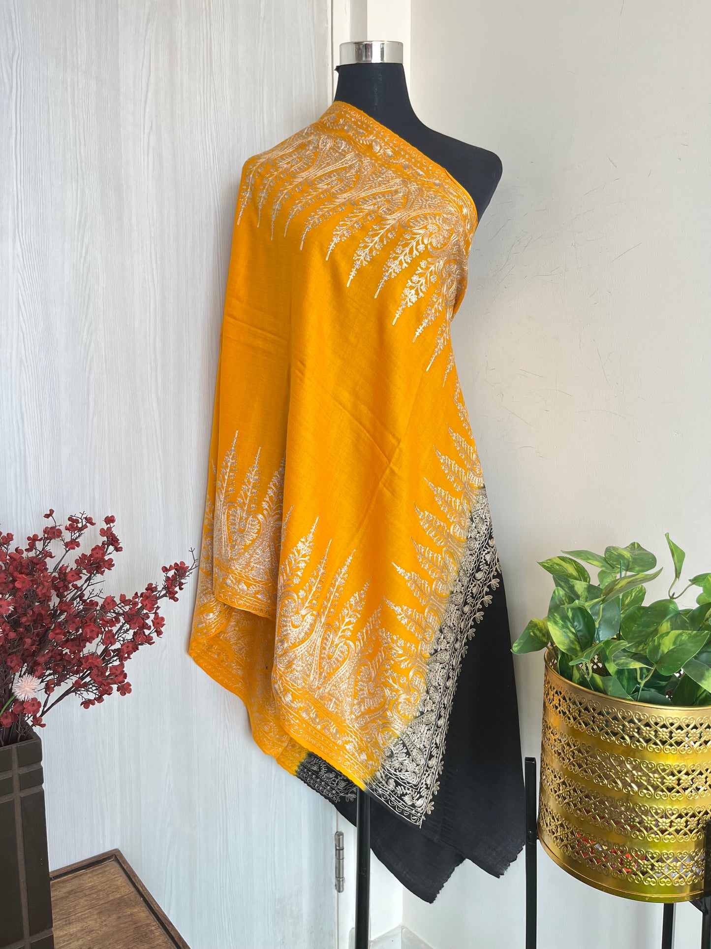 Mustard Black Silk Thread Embroidered Fine Semi Pashmina stole