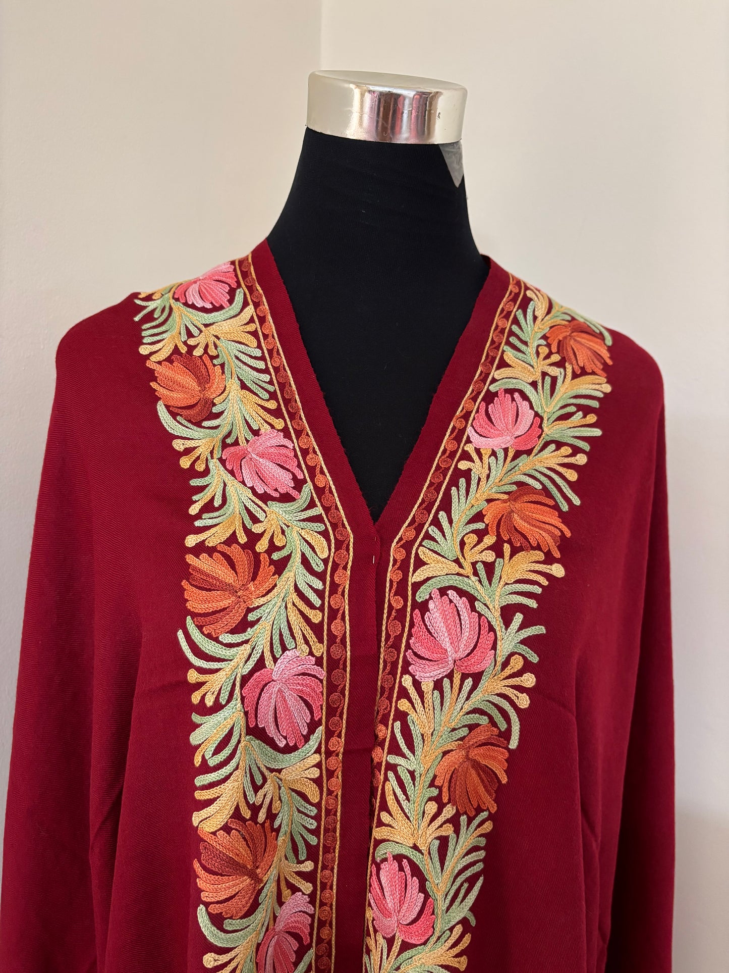 Maroon Aari Embroidered Pure Wool Cape