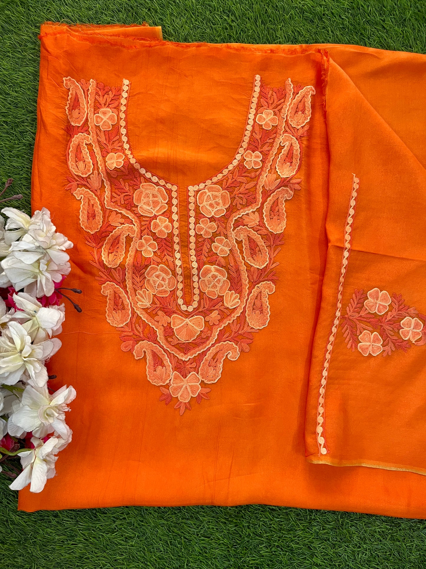 Orange Opada Silk Kashmiri Suit