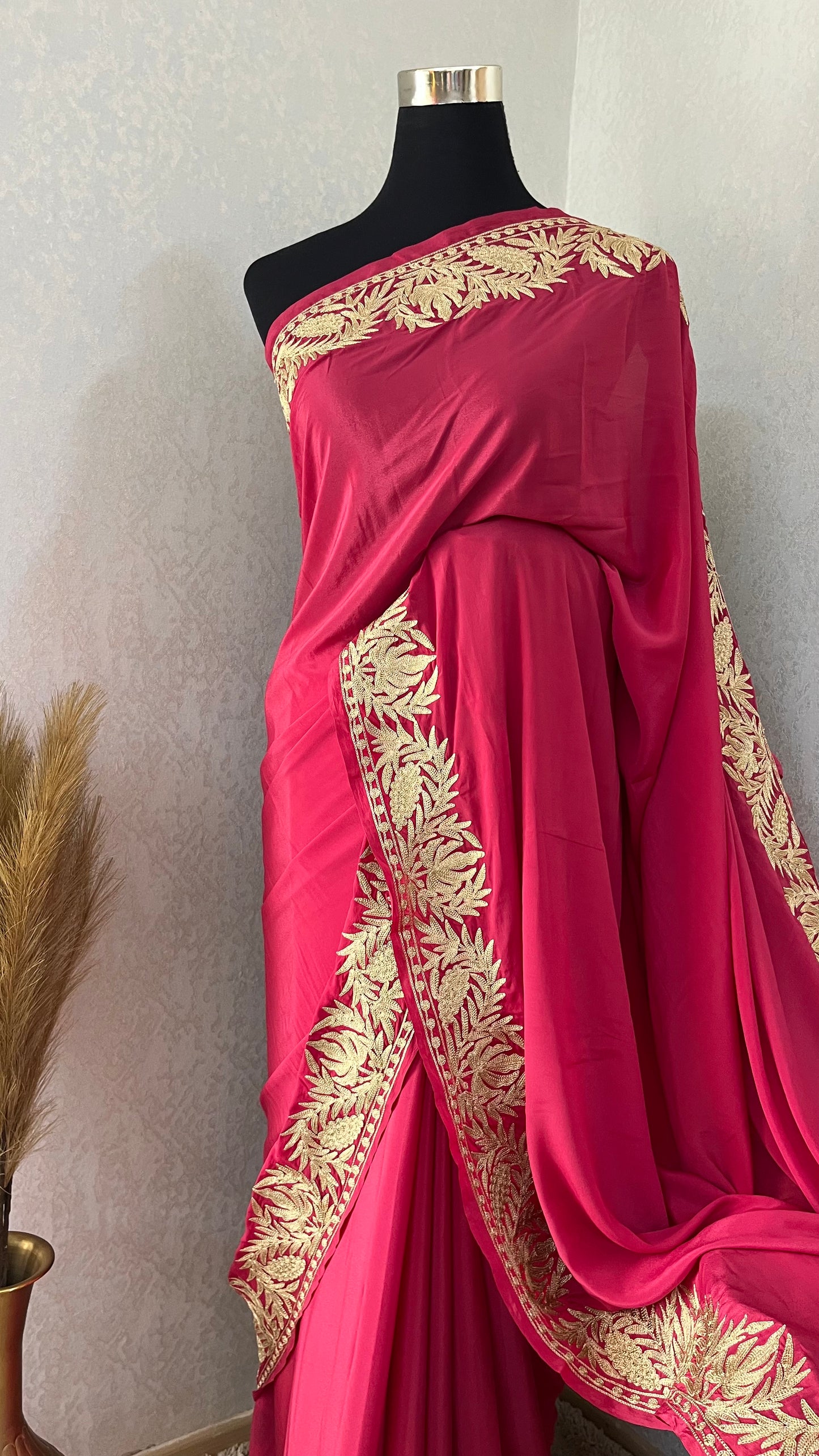 Pink Crape Kashmiri Tilla Saree