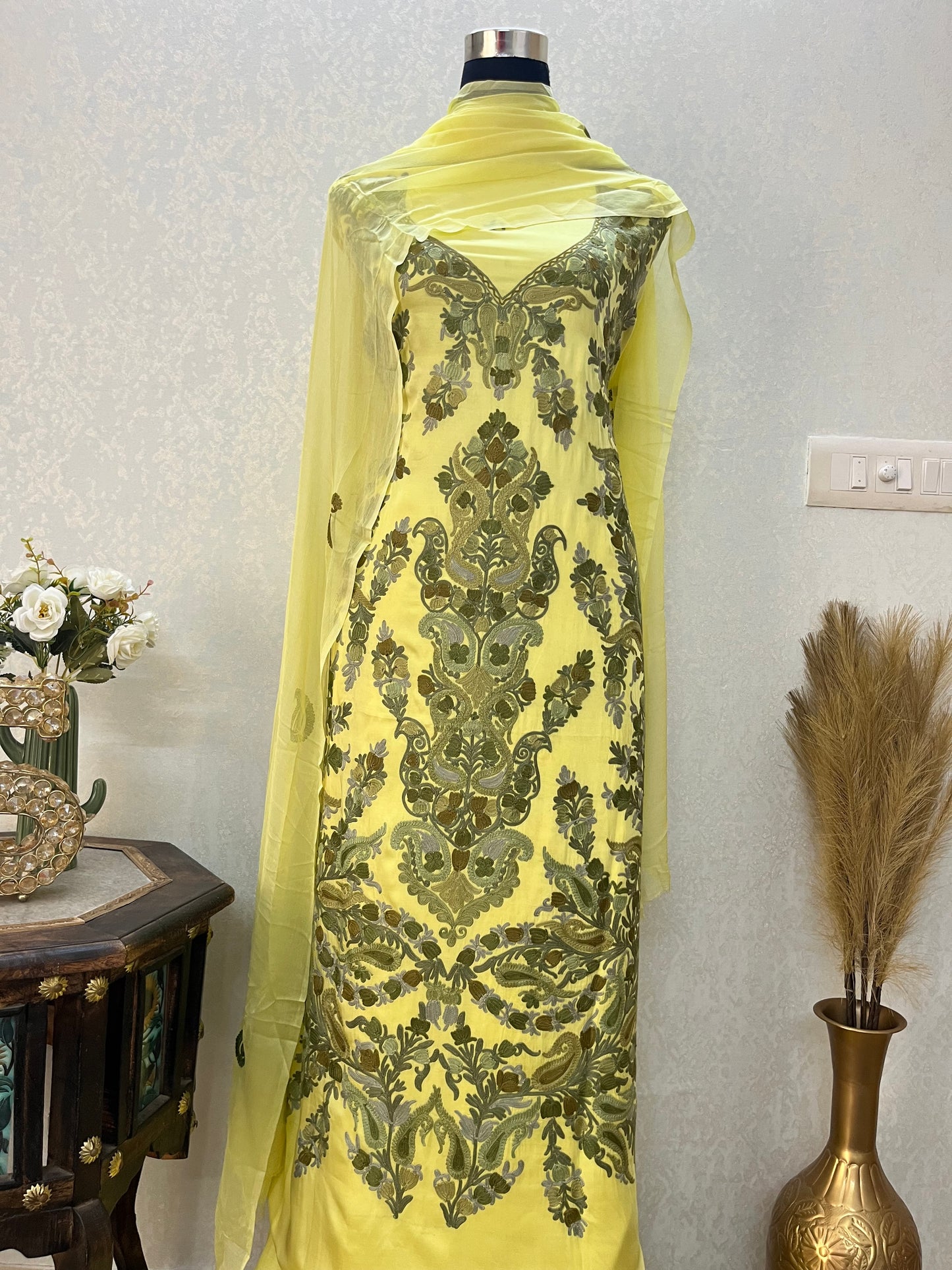 Yellow Satin Cotton Kashmiri Suit