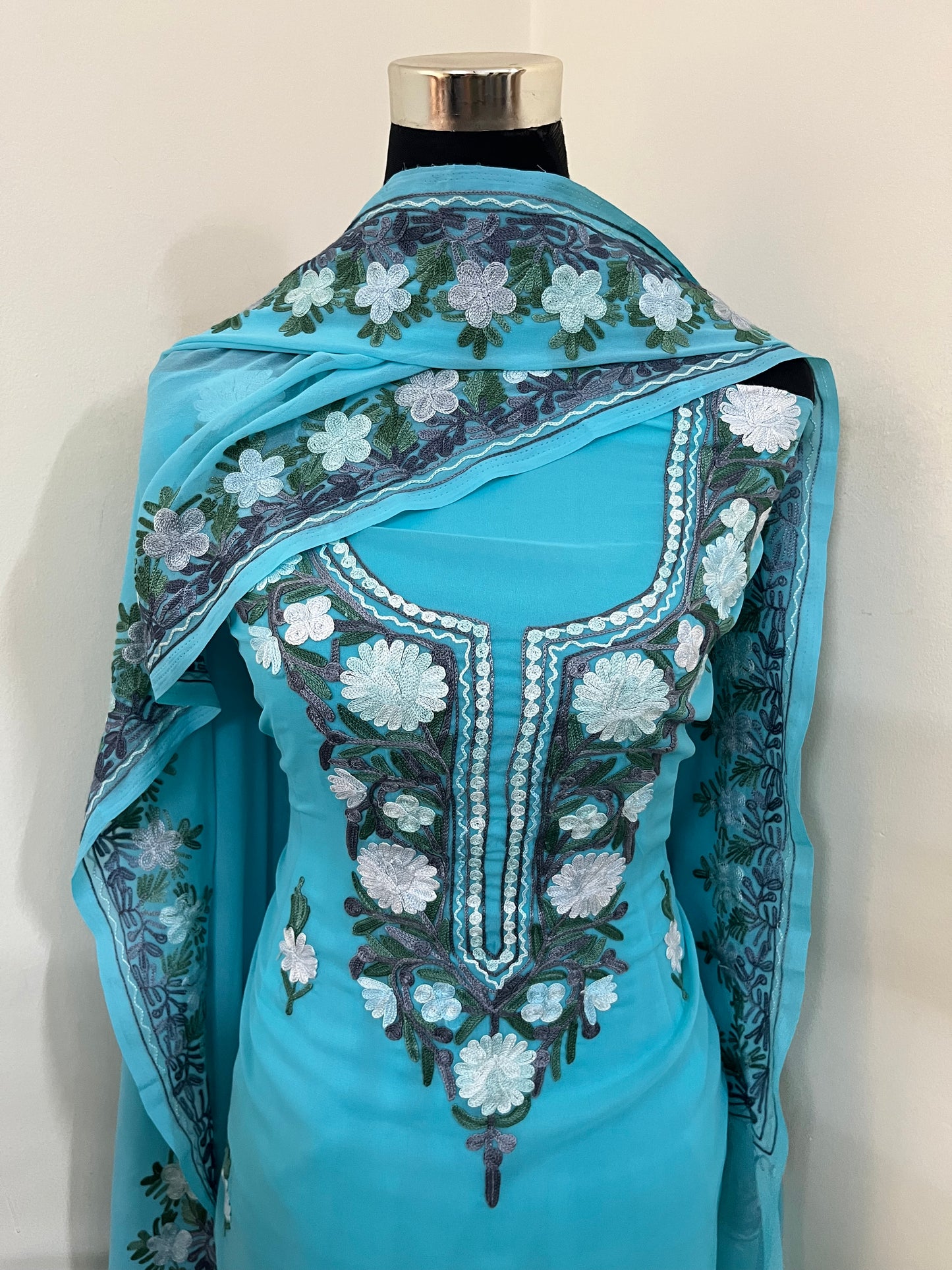 Sky Blue Georgette 3 Pc Aari Embroidered Suit Set