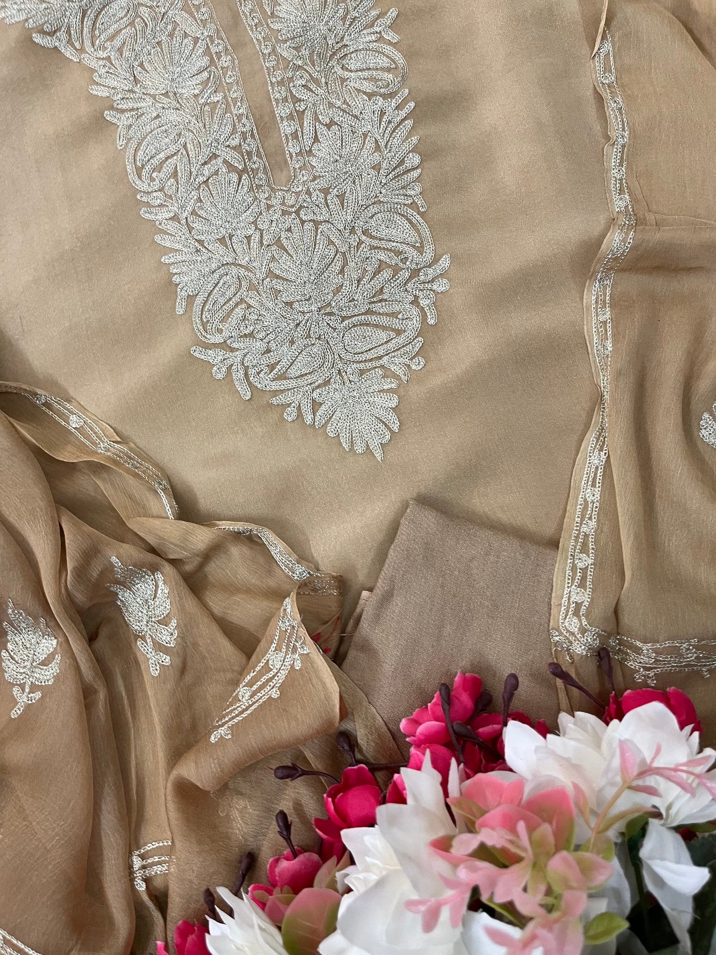 Sanam’ Golden Beige Silk Tilla Kashmiri Suit