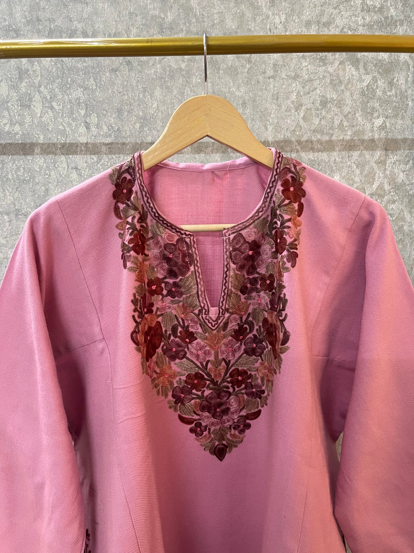 Pink Aari Embroidered Wool Pheran