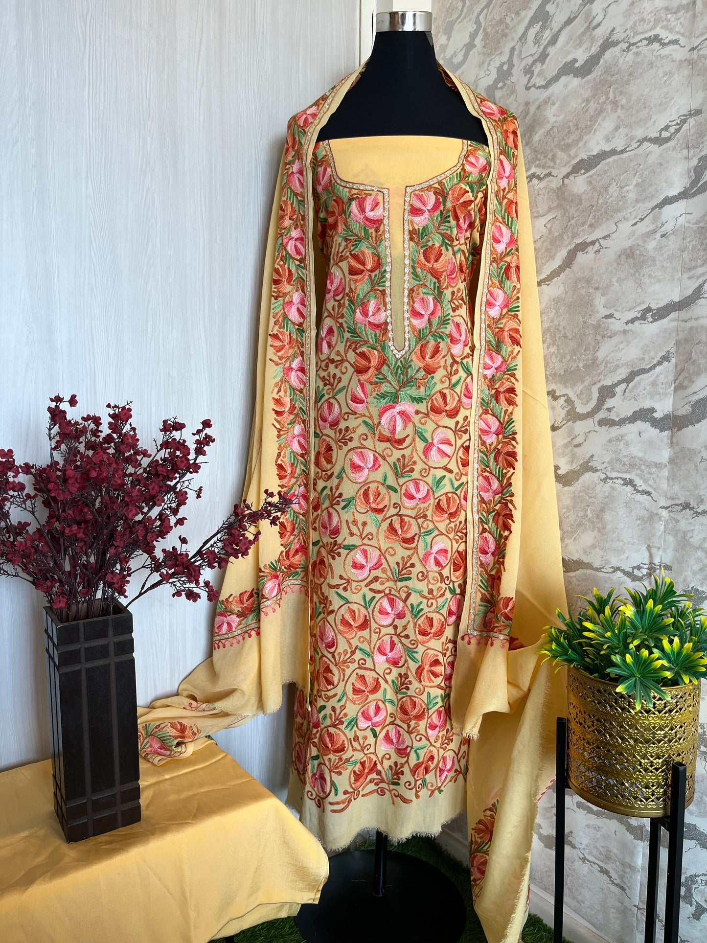 Yellow Pure Georgette Aari Embroidered Suit