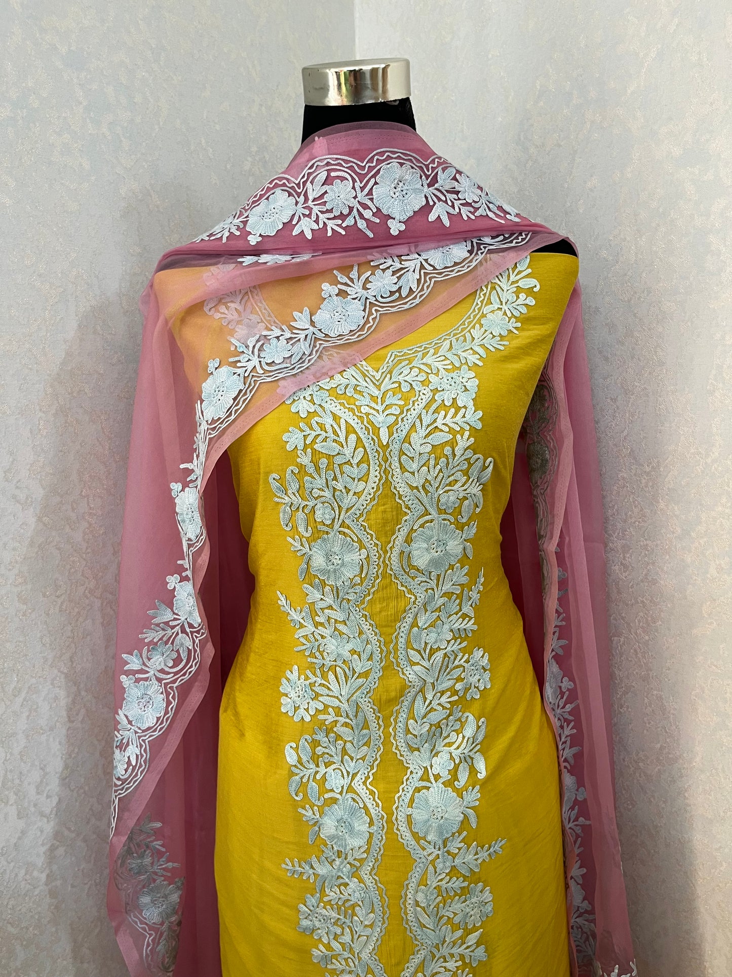 Golden Yellow Chanderi Silk Kashmiri Suit