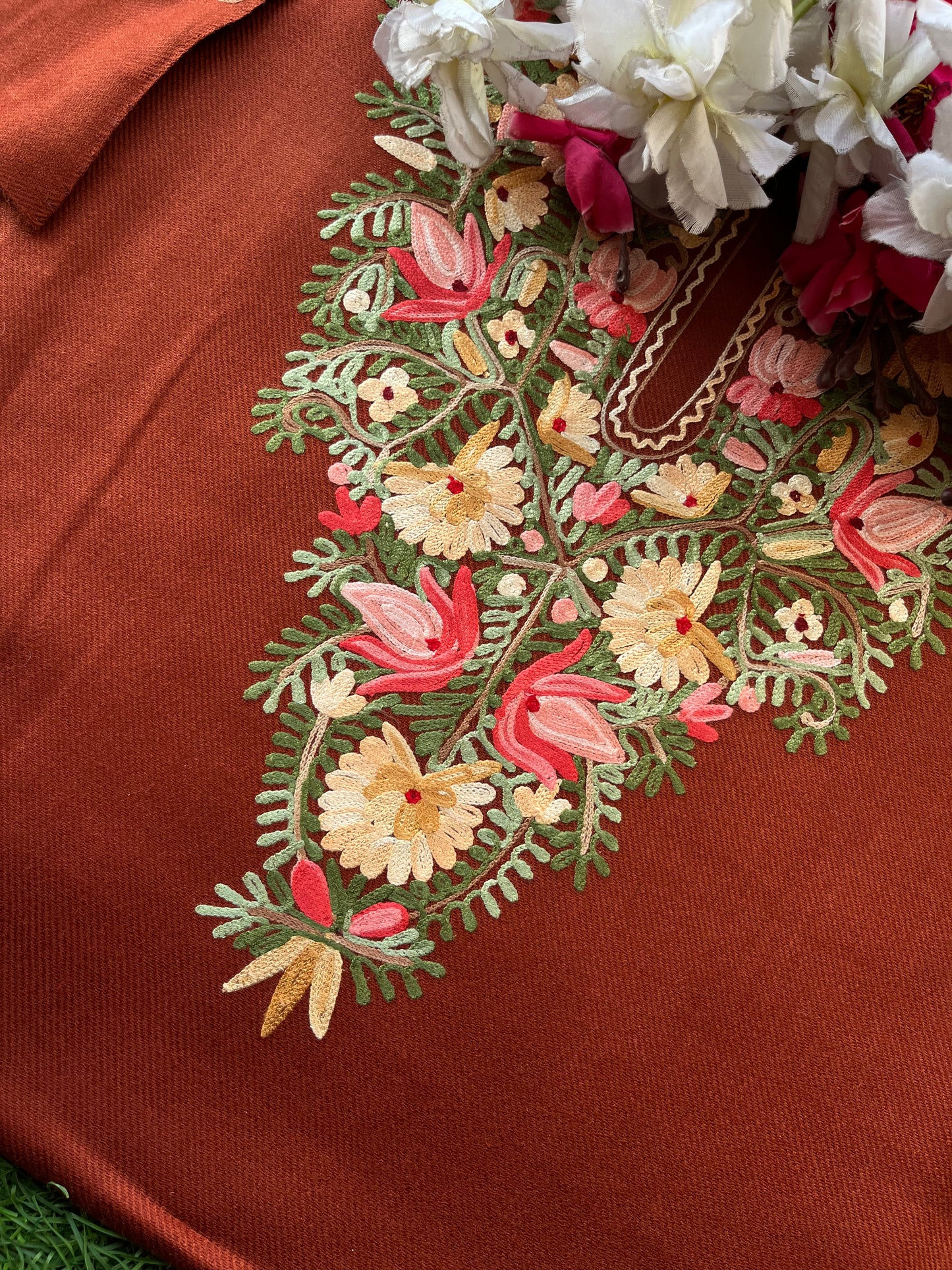 Rust Orange Woollen Aari Embroidered 2pc suit 5mtr