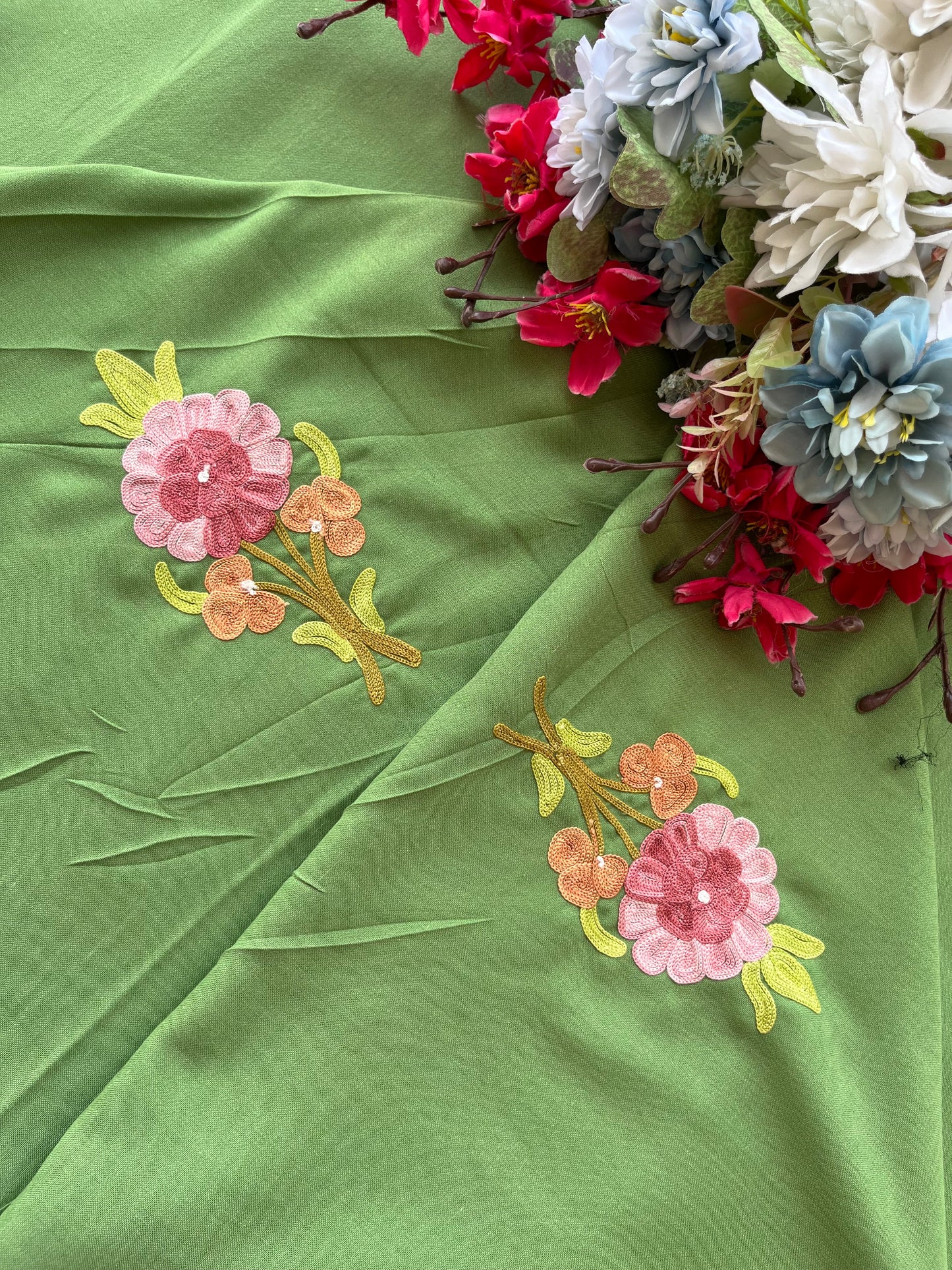 Pastel Green Aari Embroidered Cotton Suit Set