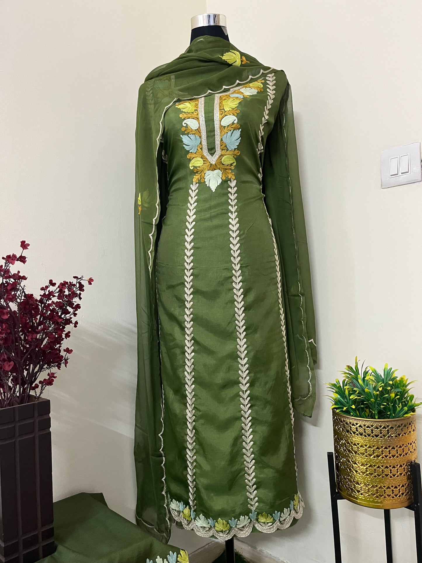 Sanam’ Henna Green Silk Aari Embroidered Suit material