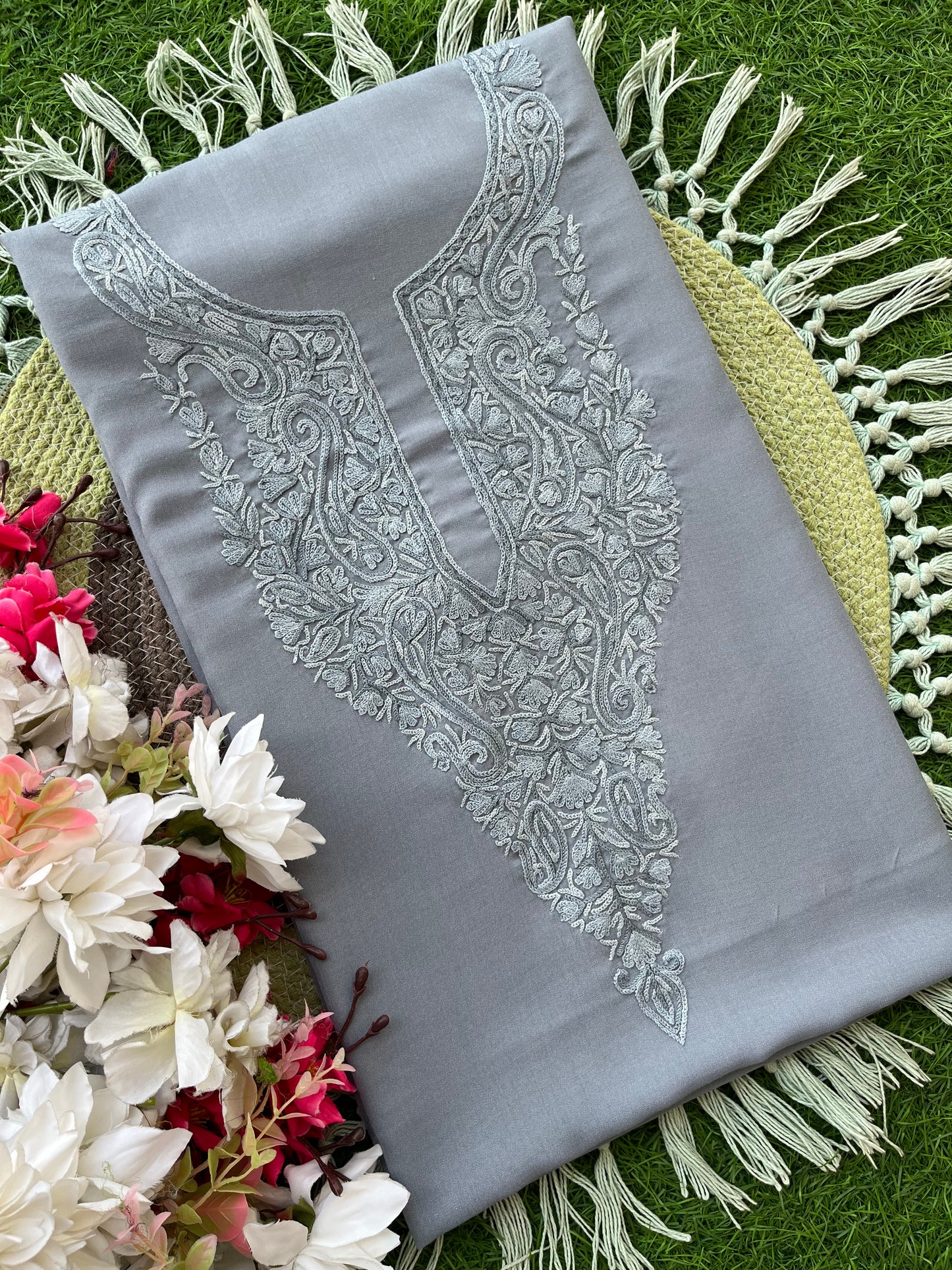 Grey Cotton Two Piece Suit (Hand Embroidered)