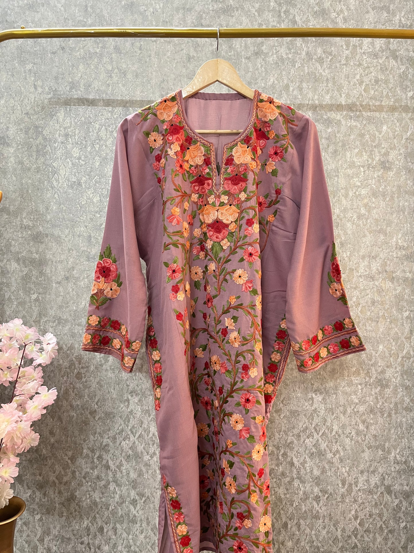 Rose Pink Cotton Aari Work Pheran