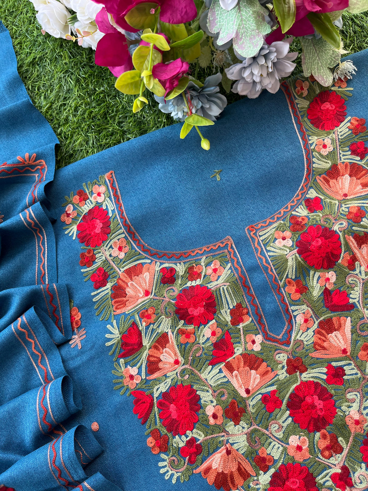 Peacock Blue Woollen Aari Embroidered 3pc suit