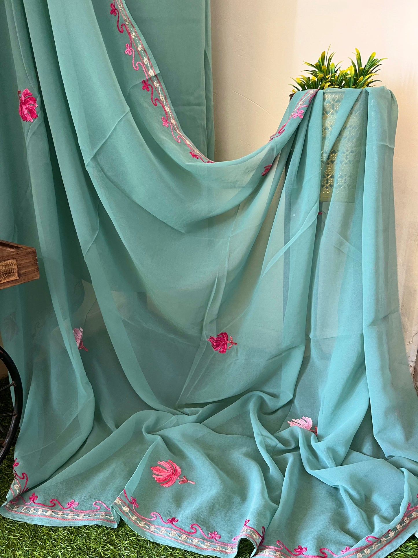 Sea Green Georgette Shirt and Dupatta Aari Embroidered Suit