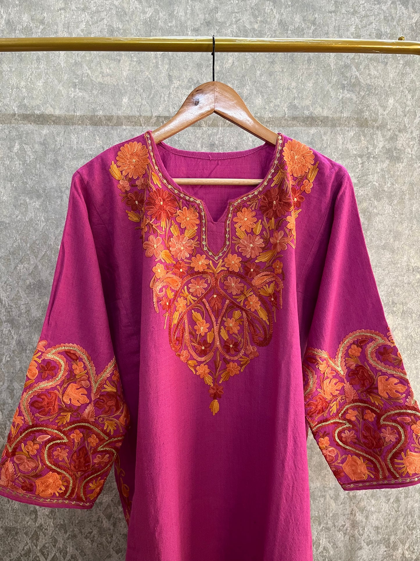 Rose Pink Aari Embroidered Wool Pheran