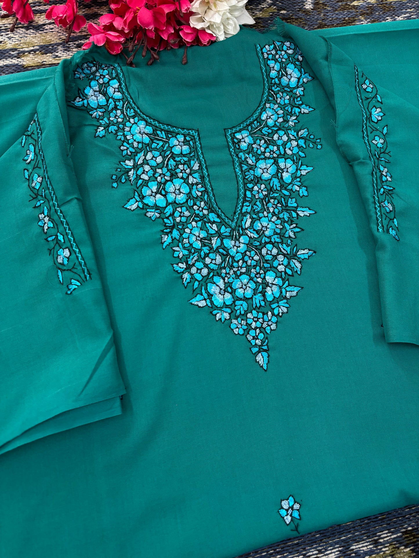 Cotton Green Needle Work Two Piece Set (Hand Embroidered)