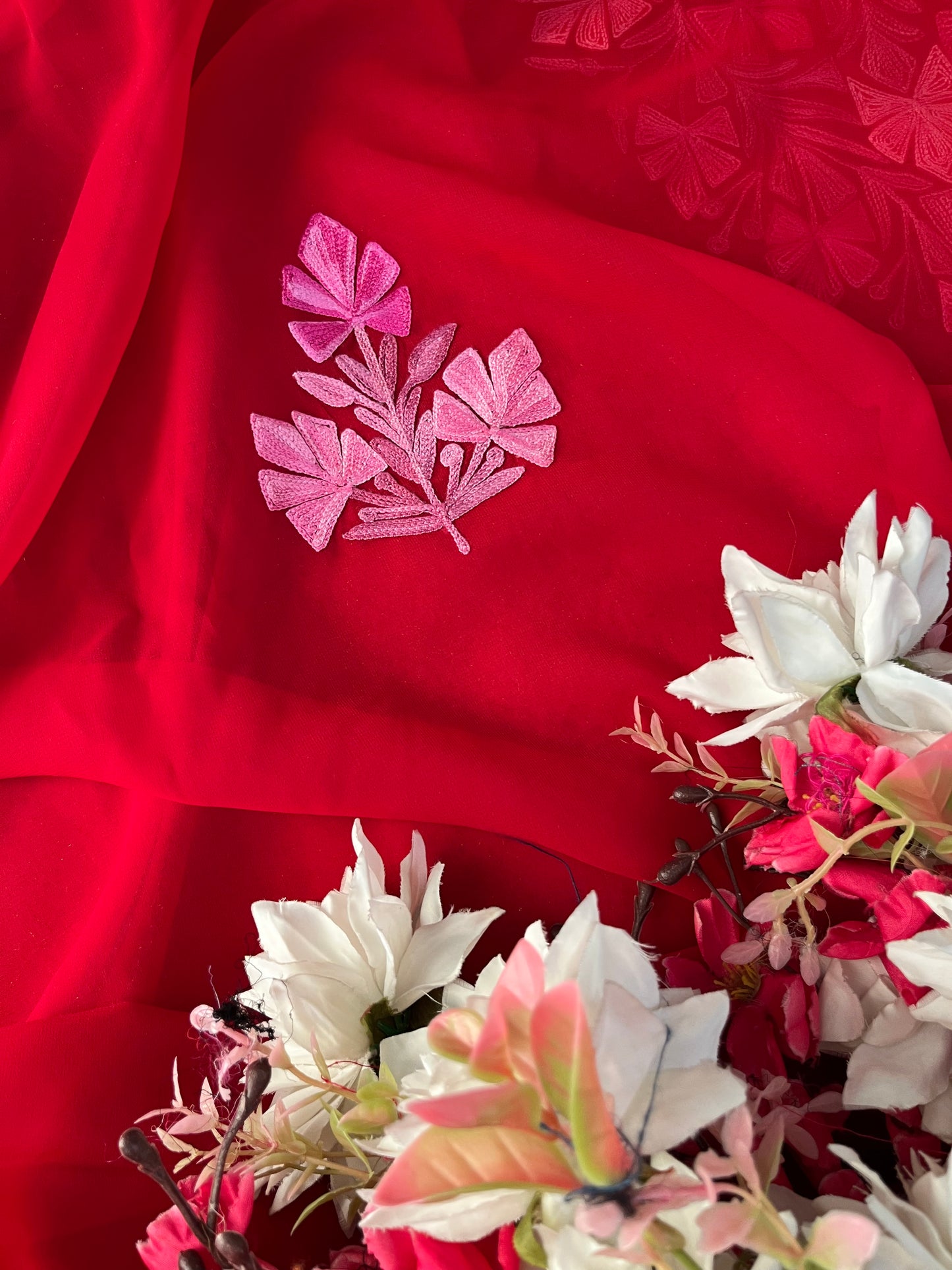 Red Georgette 3 Pc Aari Embroidered Suit Set
