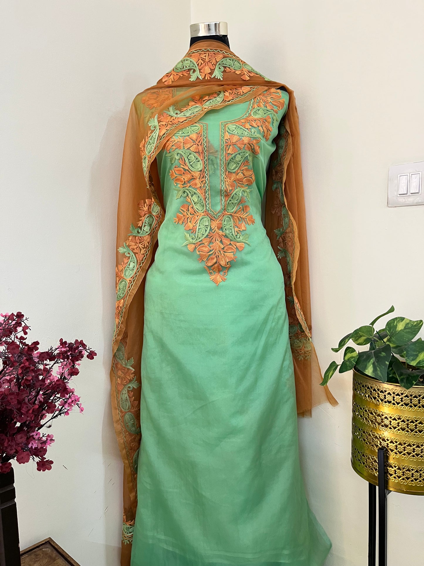 Soft Green Soft Tissue Kashmiri Suit