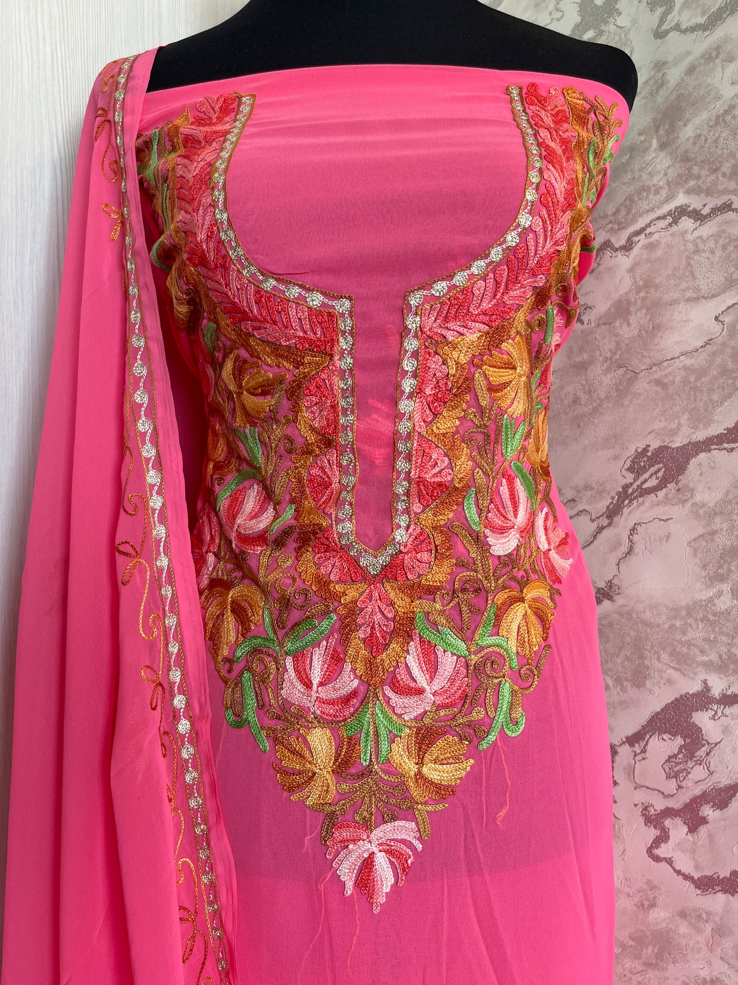 Candy Pink Georgette Shirt and Dupatta Aari Embroidered Suit