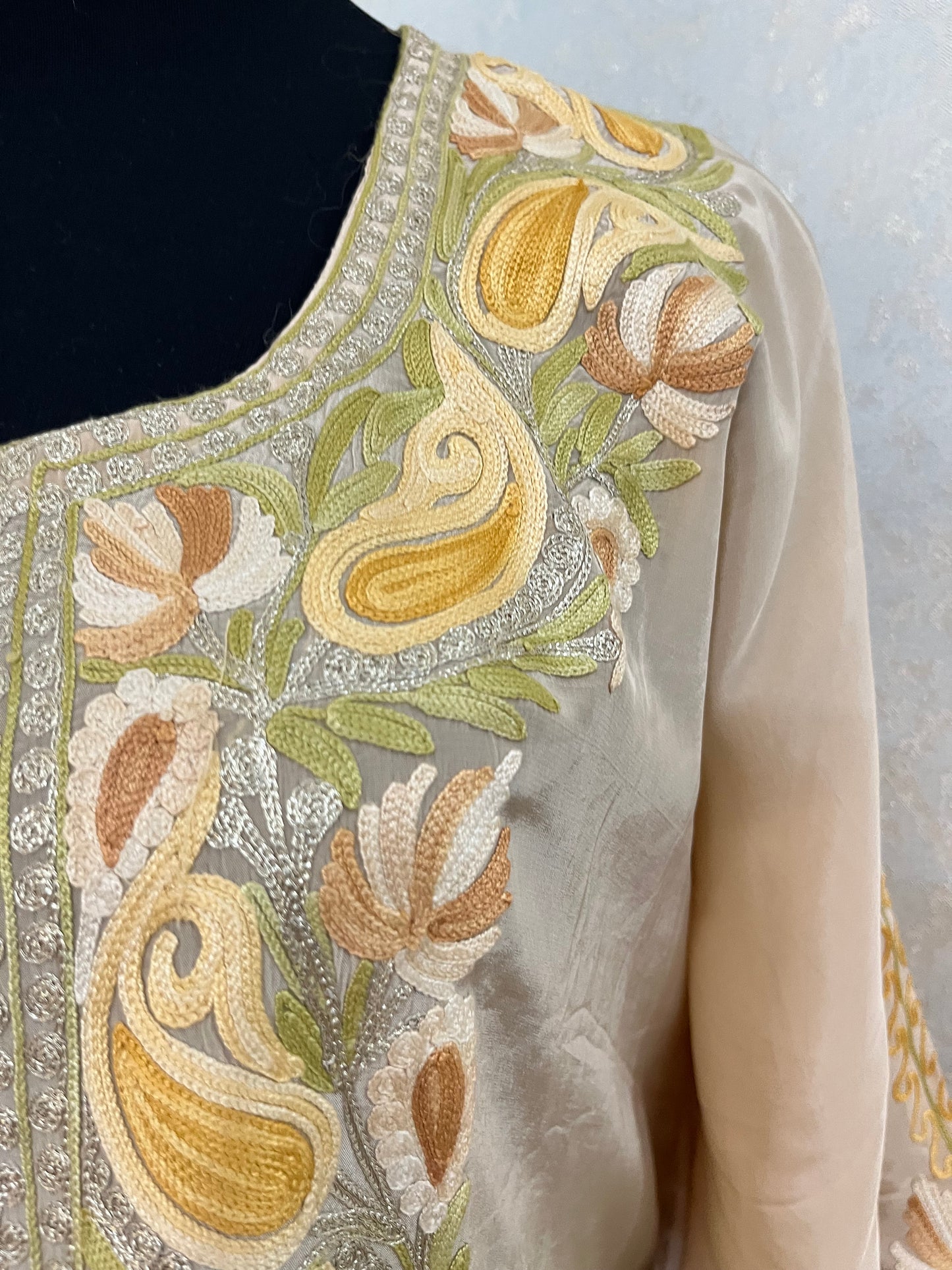 Beige Pure Crape Kashmiri Kaftan