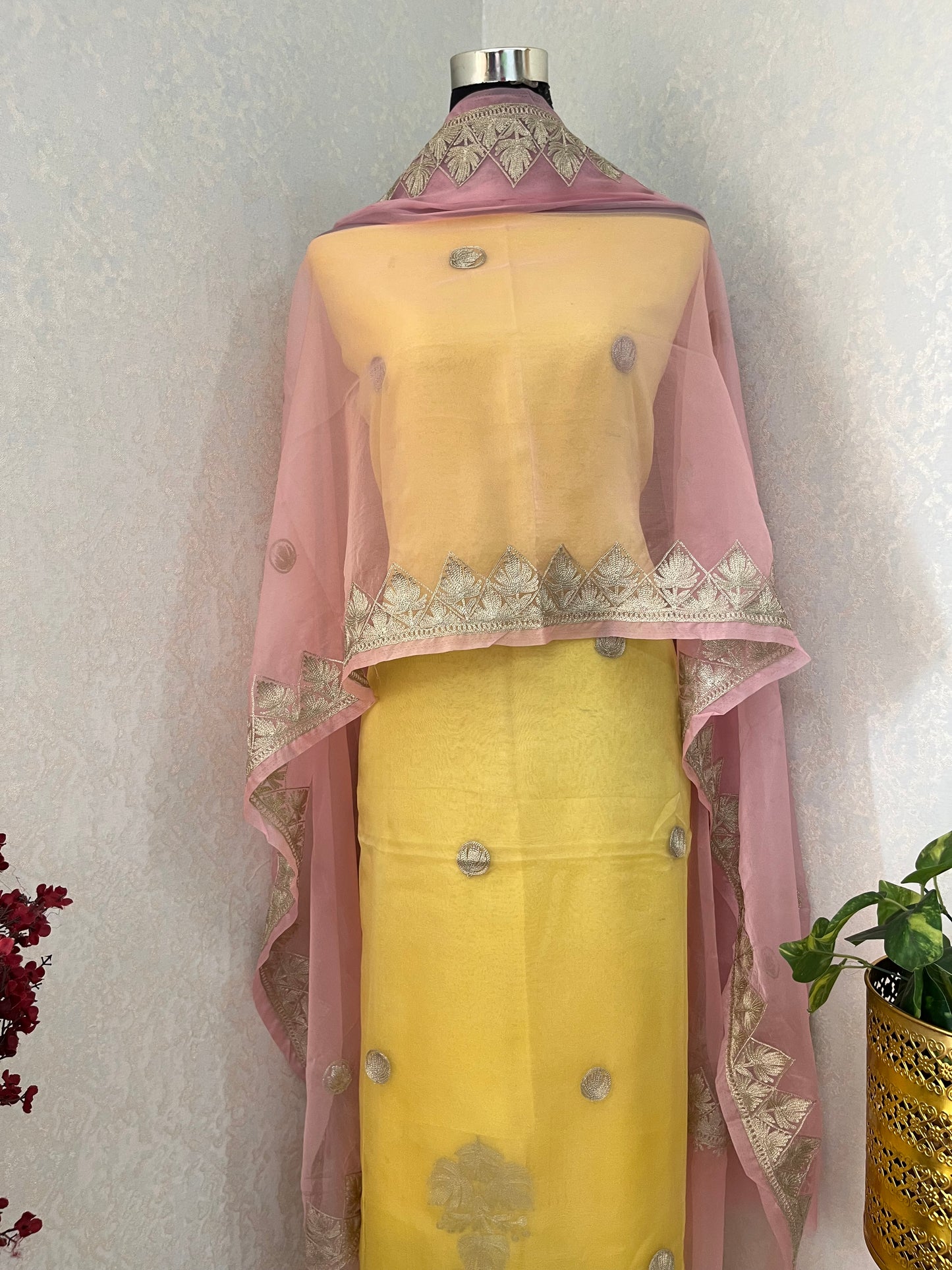 Lemon Yellow Soft Tissue Kashmiri Suit