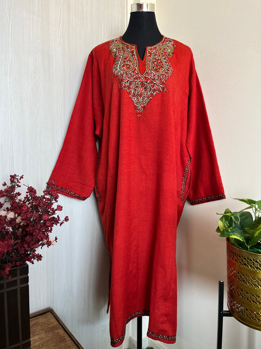 Red Sozni Hand Embroidered Pure Wool Pheran