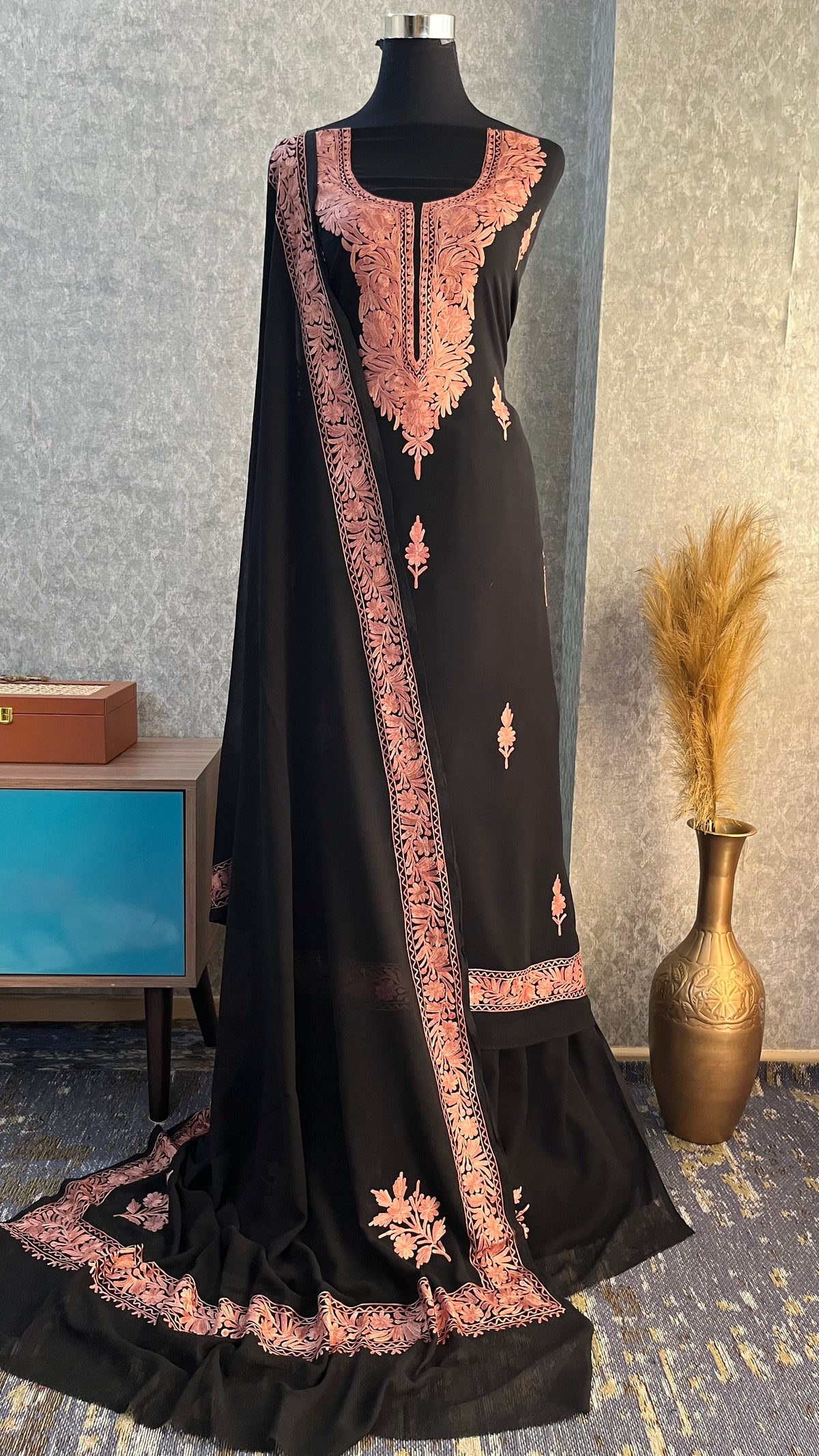 Georgette Black 3 Pc Kashmiri Suit