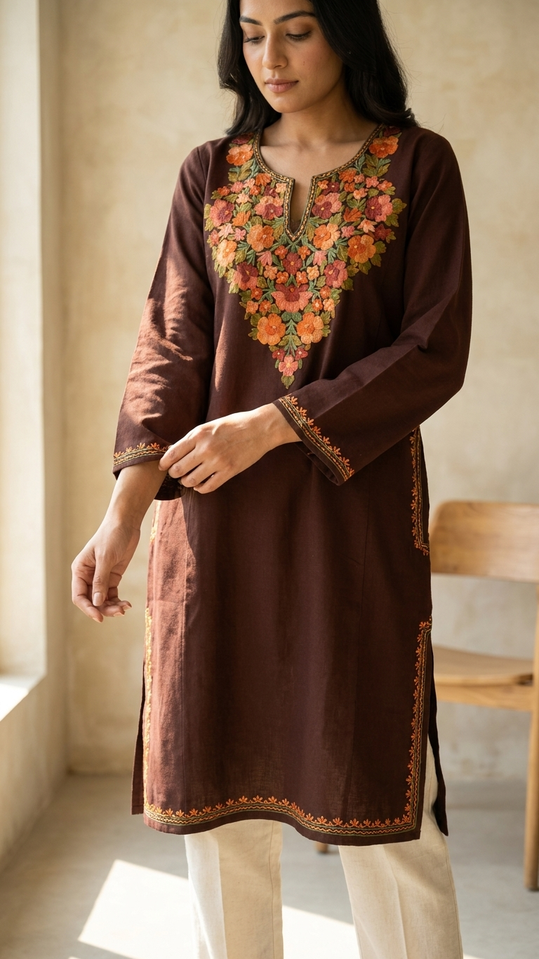 Brown Aari Embroidered Wool Pheran