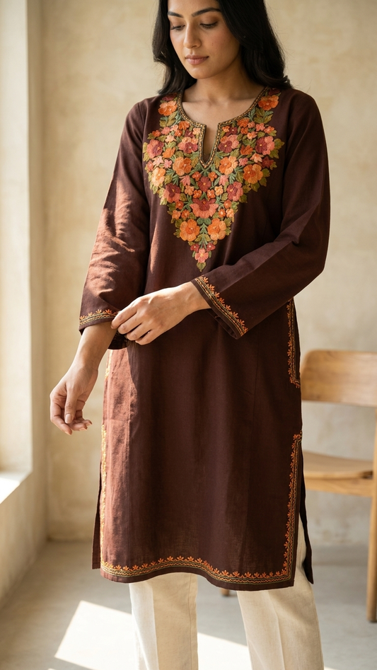Brown Aari Embroidered Wool Pheran