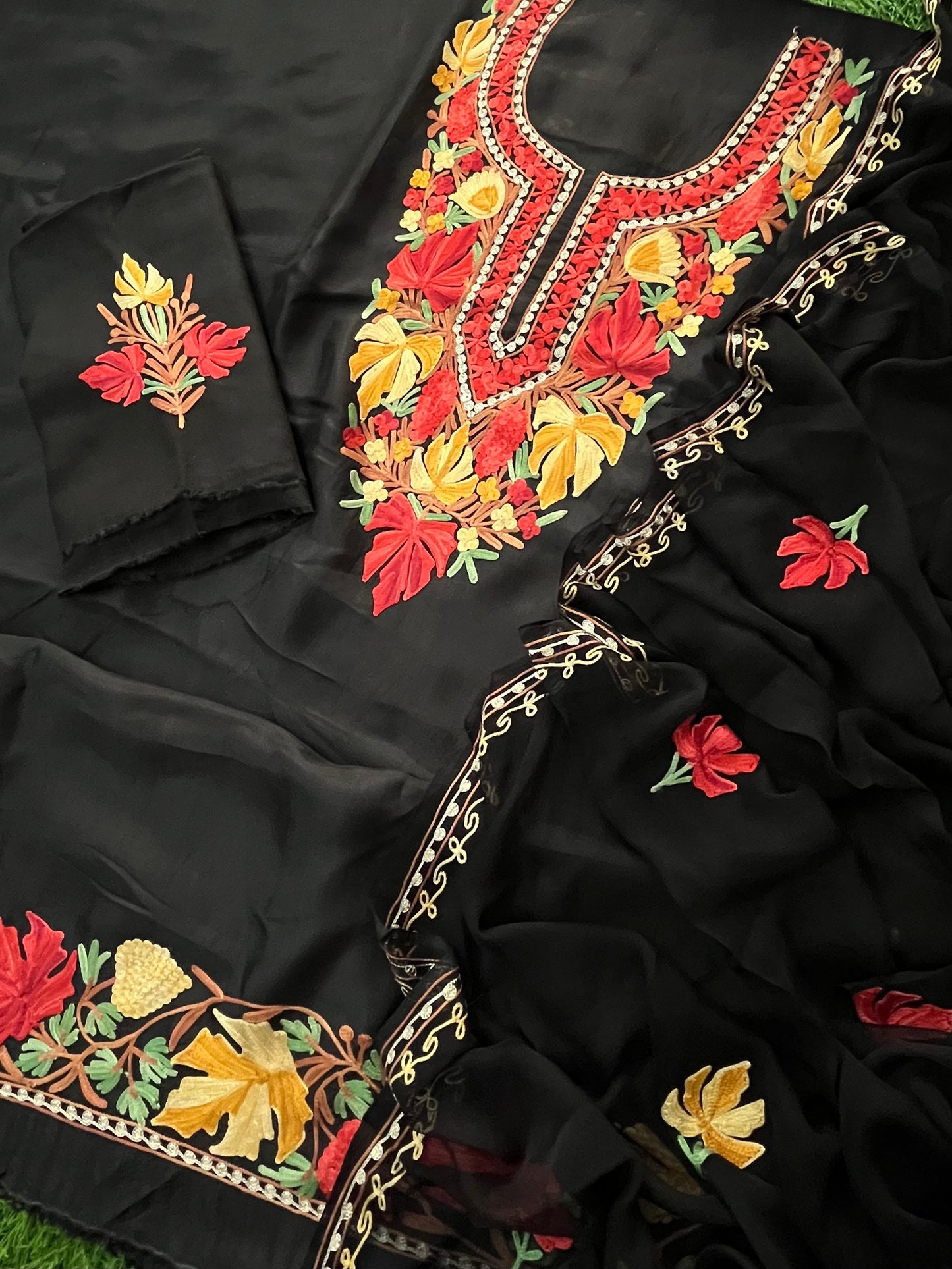 Black Opada Silk Aari Embroidered Suit material