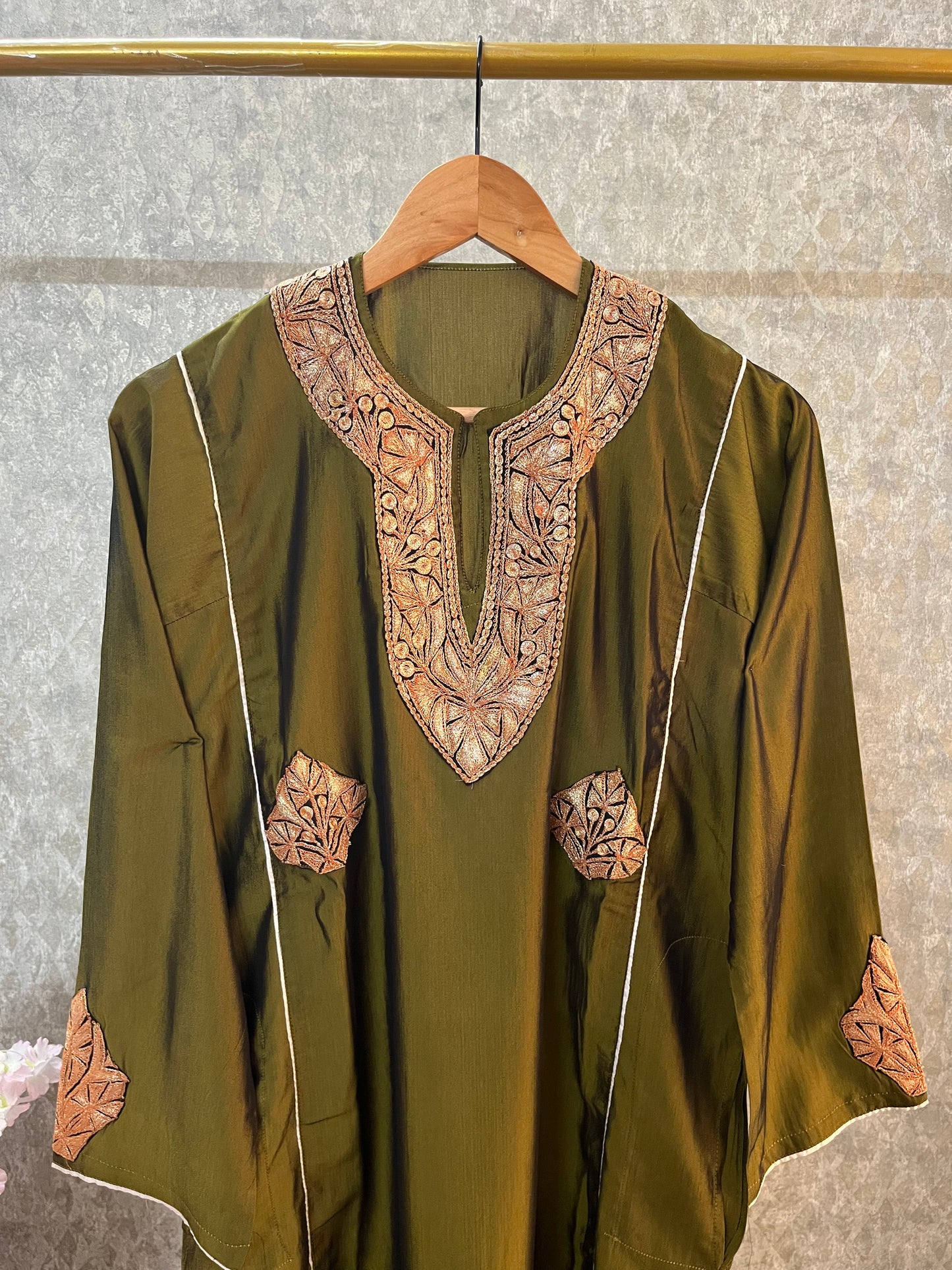 Henna Green Silk Tilla Embroidered Phiran